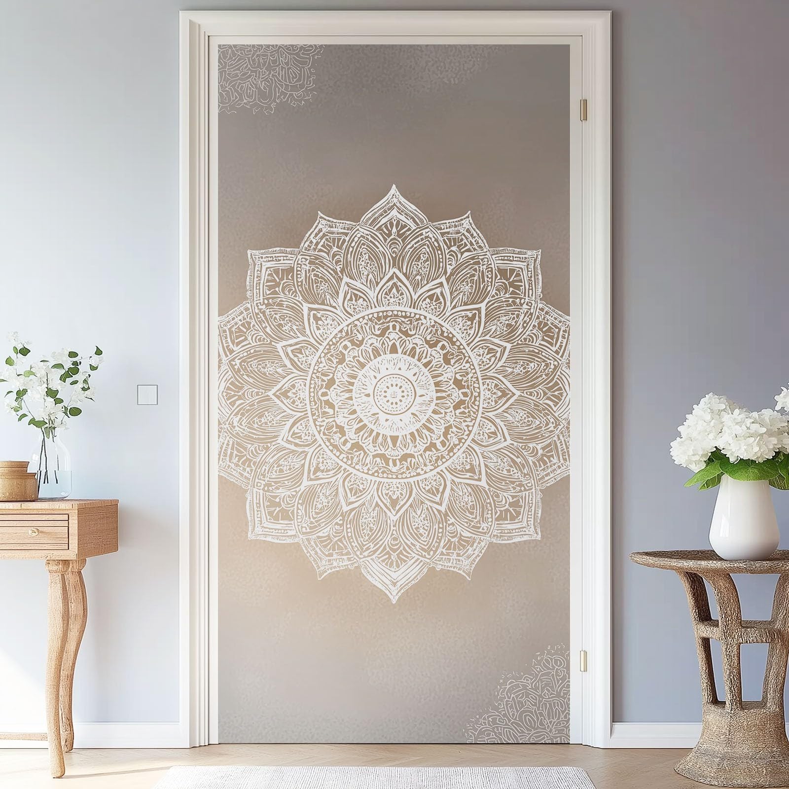 Minimalistyczny wzór kwiatowy, samoprzylepna, naklejka na drzwi, 95 x 215 cm, bajeczna mandala PCW, wodoodporna, plakat na drzwi, beżowa, nowoczesna folia na drzwi do sypialni, salonu, łazienki