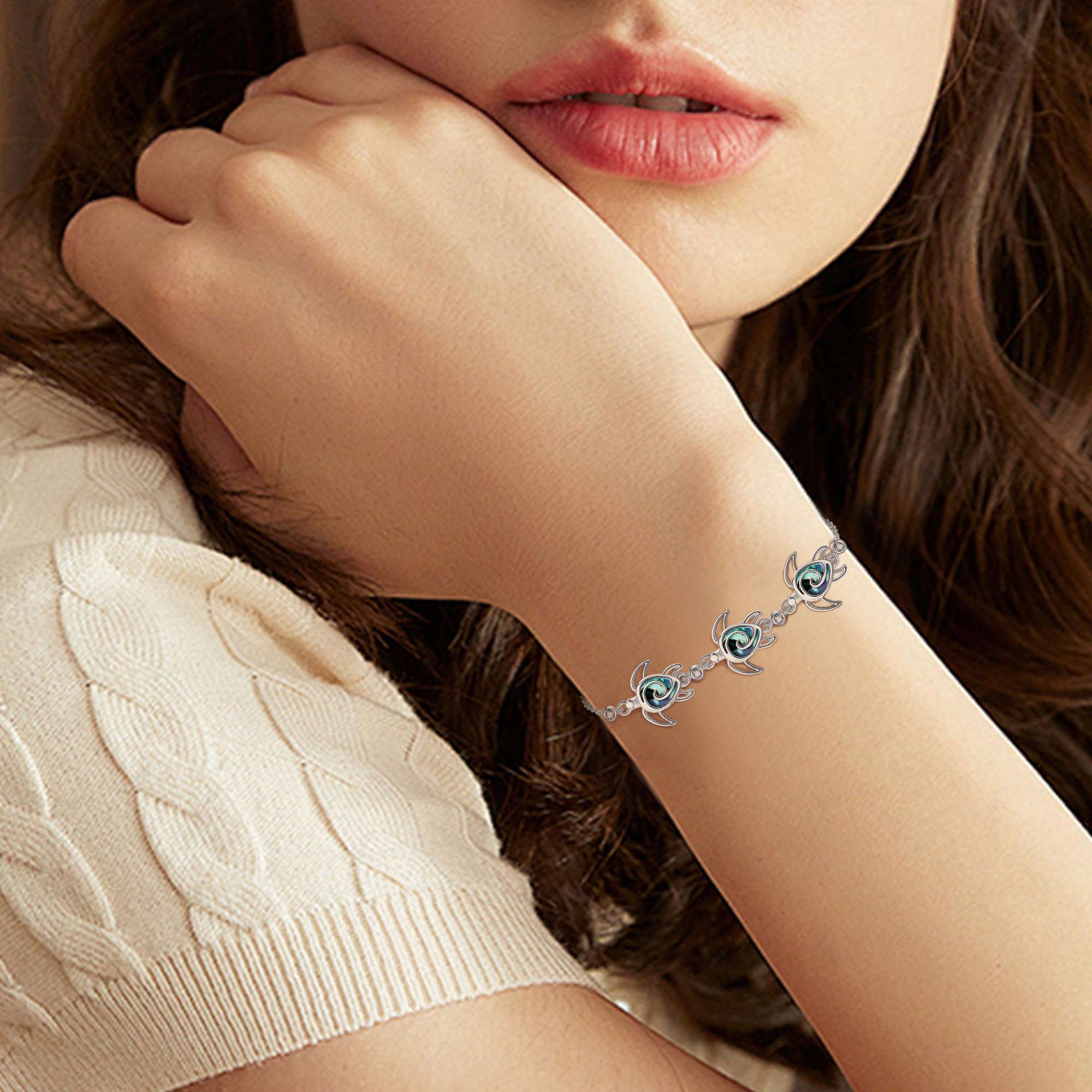 DAYLINLOVE Pulsera de tortuga de plata de ley 925, pulsera de playa, concha de abulón, pulseras de tortuga marina, joyería oceánica, regalos para mujeres amantes de las tortugas, 23 centimeters, Plata