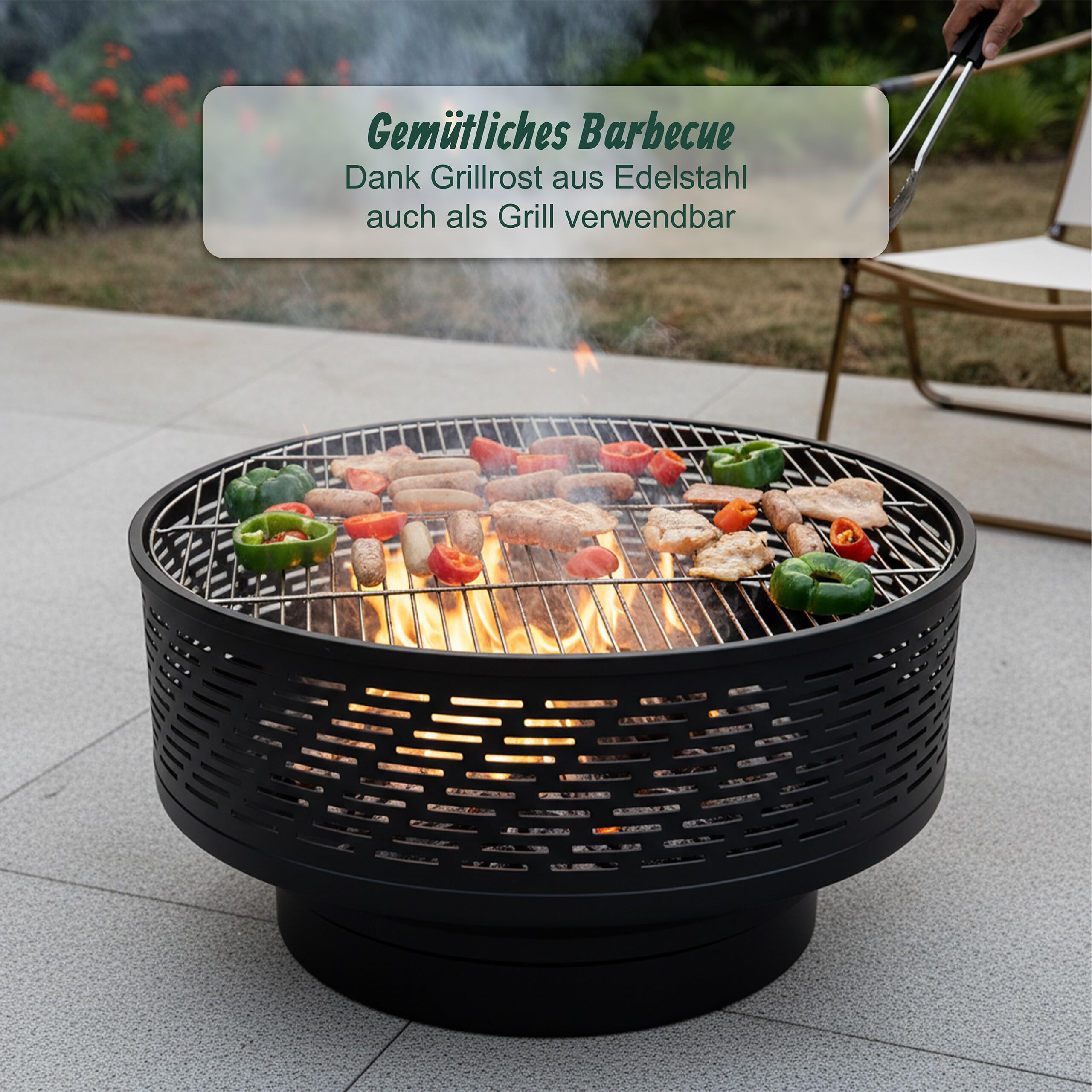 Relaxdays Feuerstelle mit Grillrost, Deckel, Schürhaken, wasserdichte Abdeckung, 66 cm, Schwarz