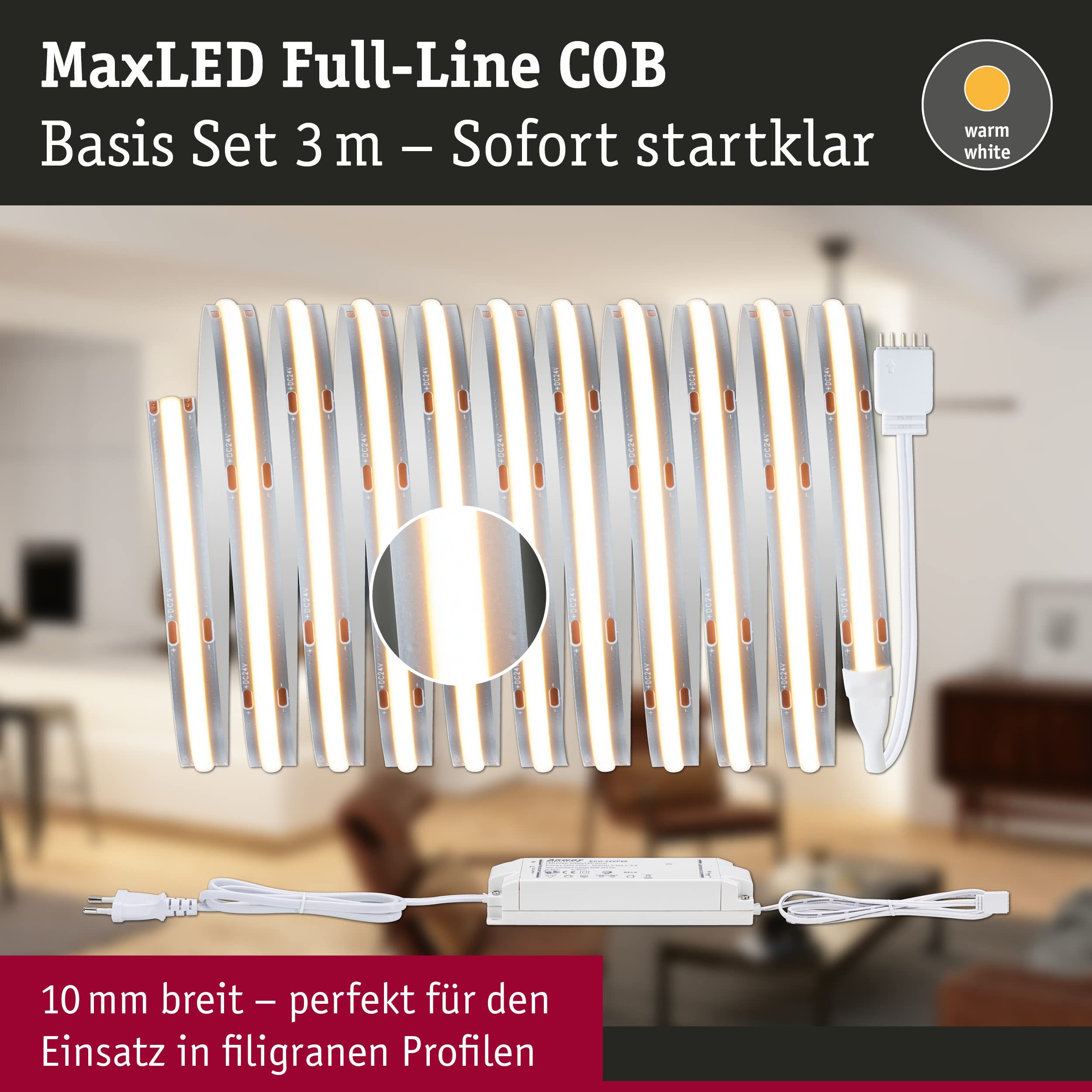 Paulmann 71049 MaxLED 1000 LED Strip Full-Line COB Komplettset 3m 36W 3240lm 528LEDs/m 2700K 50VA dimmbar Silber Kunststoff