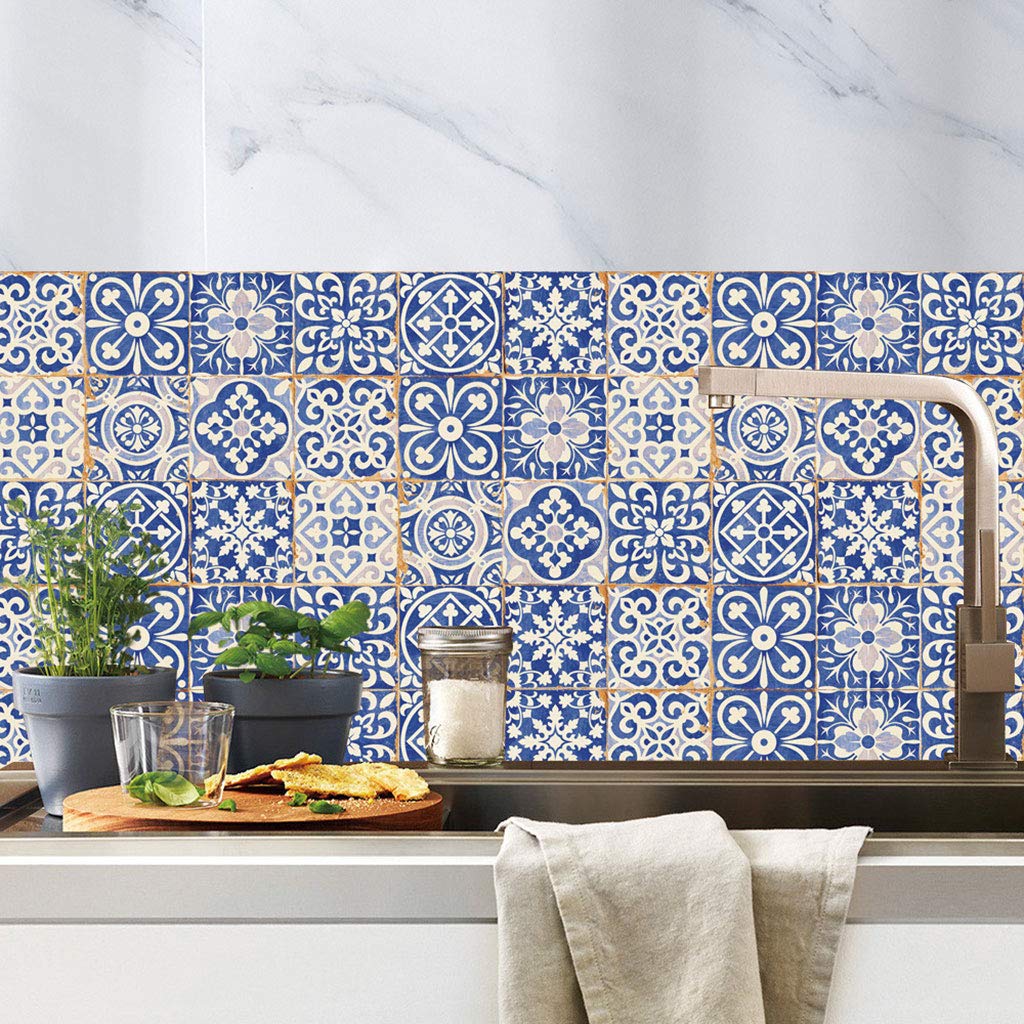 24 pz Blu e Bianco Piastrelle di Porcellana Adesivo Peel Stick Pavimento Stickers Murali Backsplash Impermeabile Fai da Te Autoadesivo Cucina Bagno Decorazione 20x20 cm