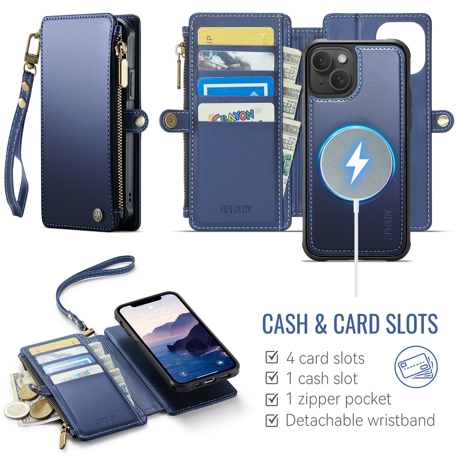 per iPhone 14 - Custodia a portafoglio magnetica staccabile, blu | Compatibile con Magsafe, porta carte di credito con blocco RFID, tasca con cerniera, cinturino da polso