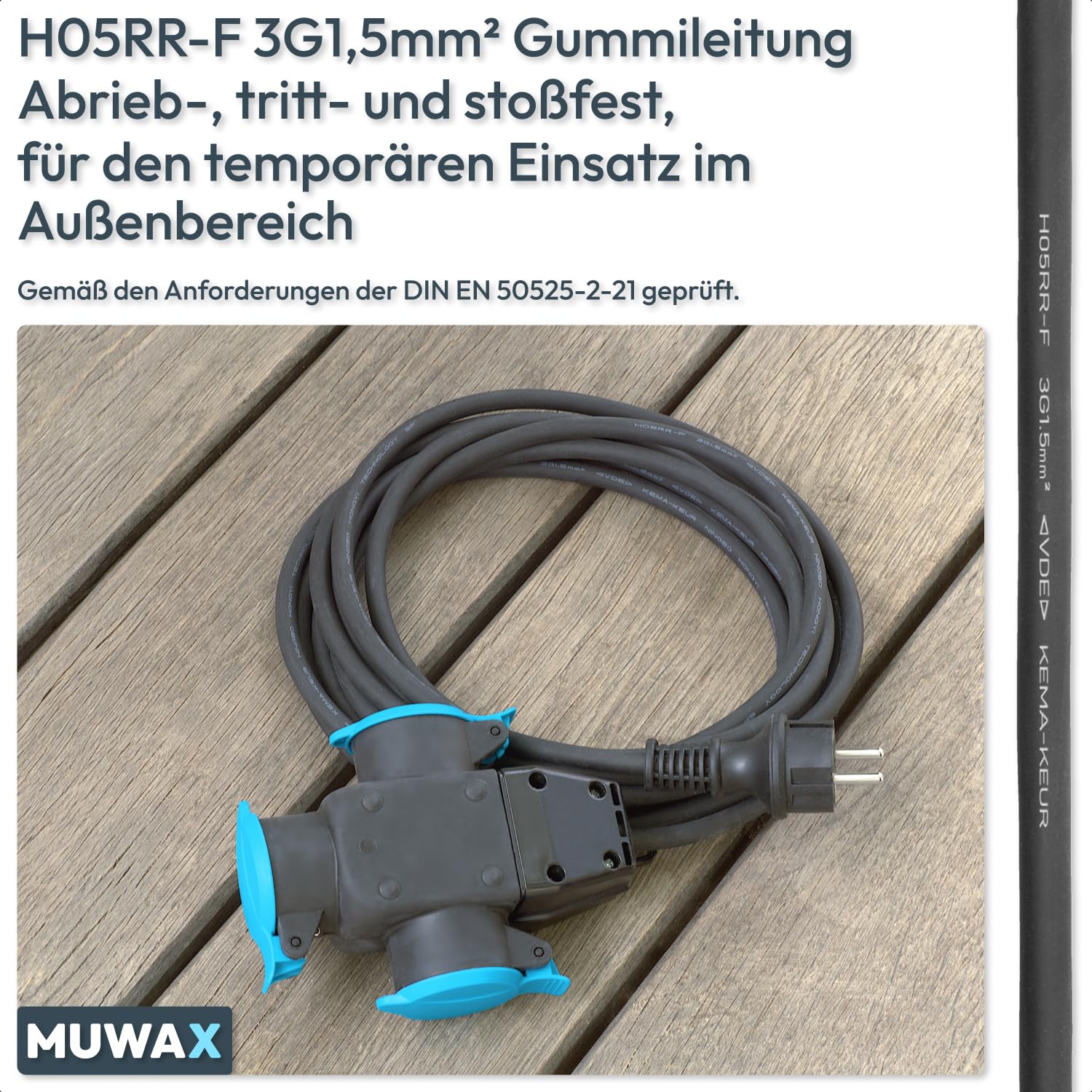 Cavo di prolunga in gomma H05RR-F 3G1,5 mm² con splitter a 3 vie, 20 m