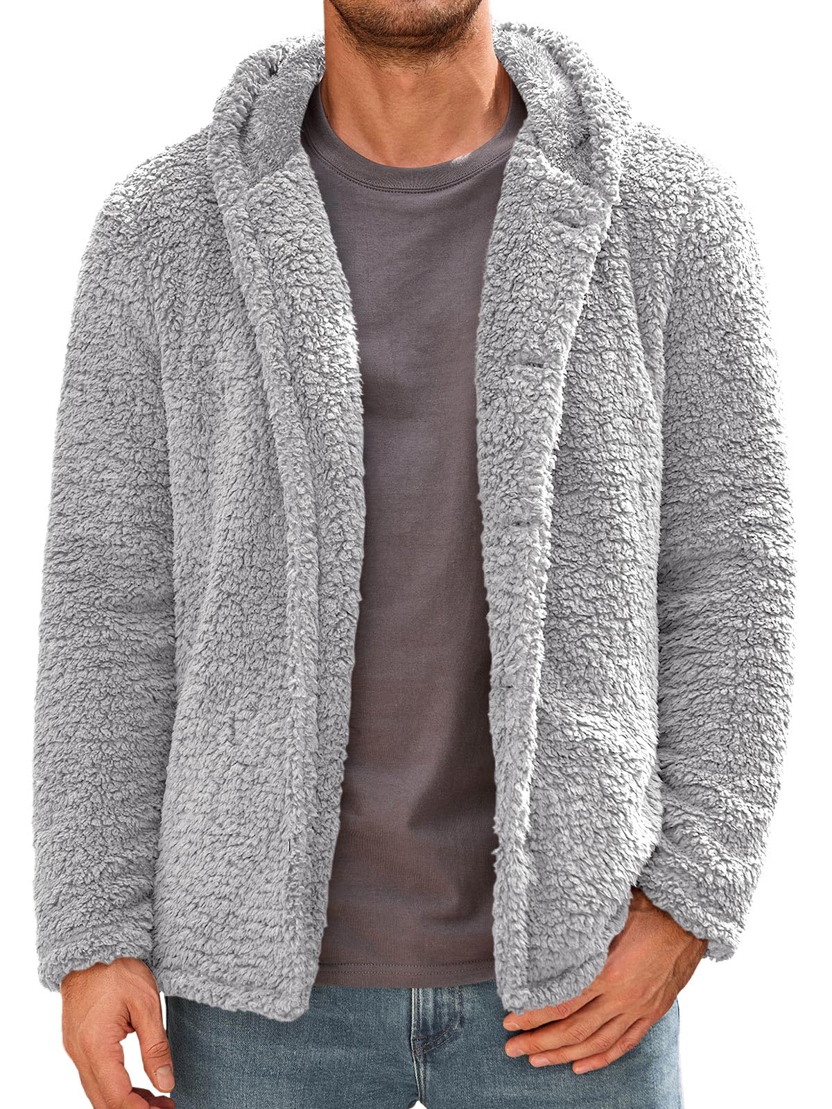 Runcati Mens Fuzzy Sherpa Hoodie Long Sleeve Button Down Fleece Jackets Casual Winter Hooded Sweatshirt