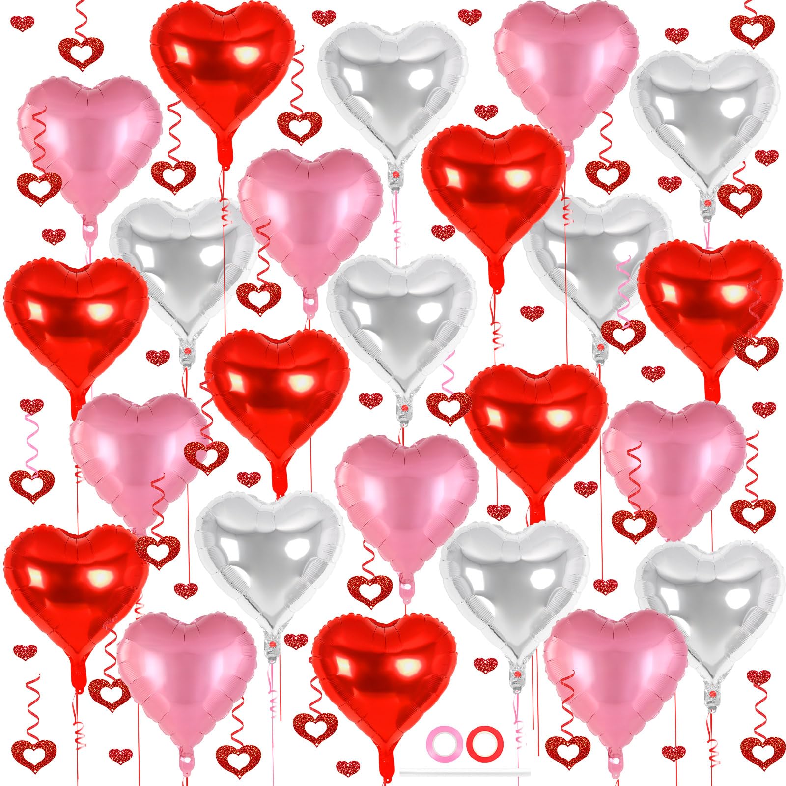 24 Pcs Red Pink Silver Heart Balloons, 100 Pcs Hearts Hanging Streamers, 18 Inch Heart Foil Balloons Valentine's Day Balloon Love Balloon for Valentines Day Proposal Wedding Party Decorations