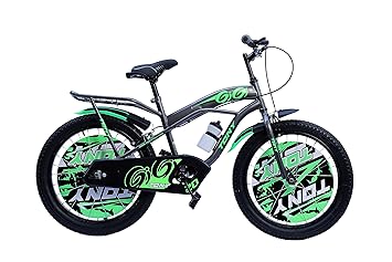 TONY RAW Bicycles Gigi Sports BMX Single Speed Steel Frame 20T Bicycle Cycle for Kids 7 to 10 Years Boys & Girls Double Back Seat with Side Stand and Water Sipper Grey Green