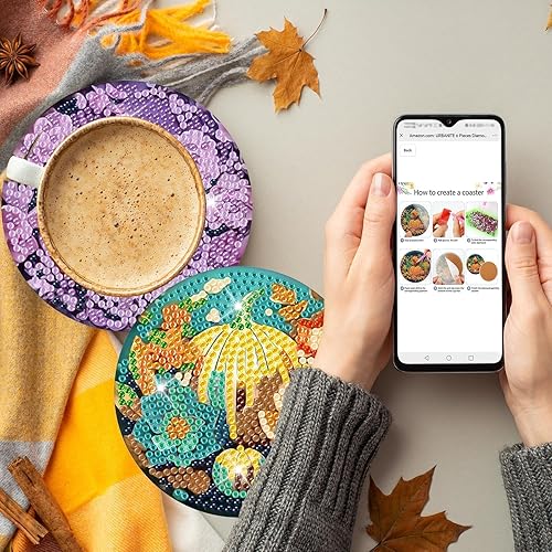 Miniatura 7 de Denylo pro Juego de 8 posavasos de pintura de diamante de calabaza de otoño con soporte, posavasos antideslizantes para adultos, suministros para