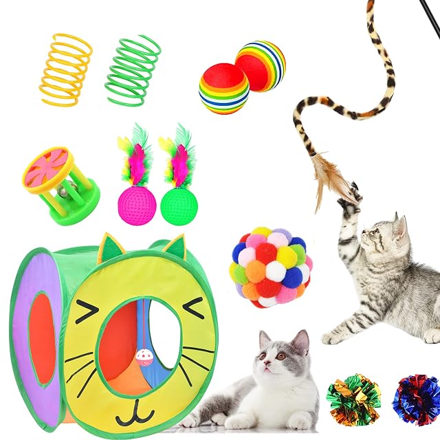 Foto 7 de 7 de SUPJADE Juego interactivo de 37 piezas de juguetes para gatos, juguetes de plumas, túnel de gatito, ratones