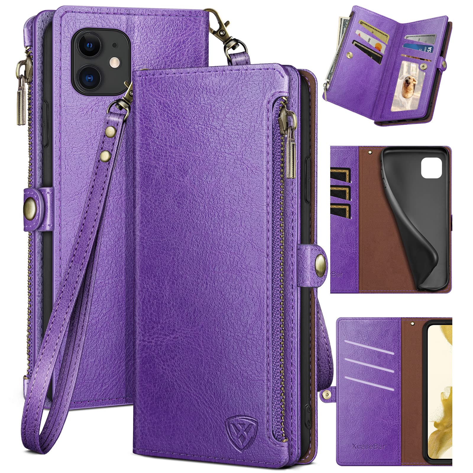 XcaseBar for iPhone 11 6.1" Wallet case with Zipper Credit Card Holder【RFID Blocking】, Flip Folio Book PU Leather Phone case Shockproof Cover Women