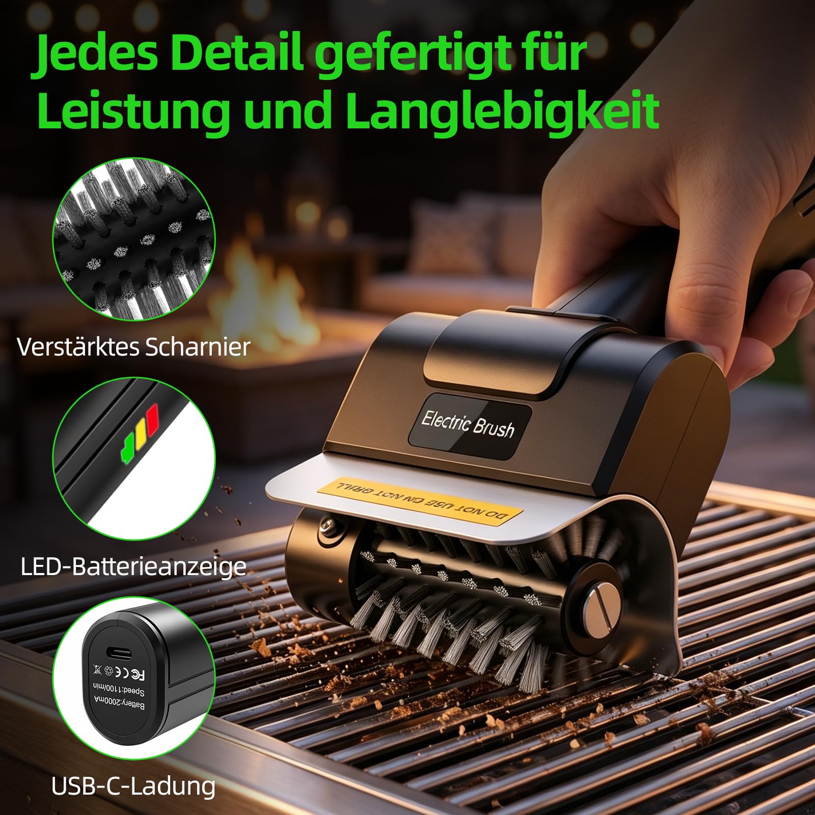 Elektrische Grillbürste, Wiederaufladbar Grillreiniger mit 2 Bürsten