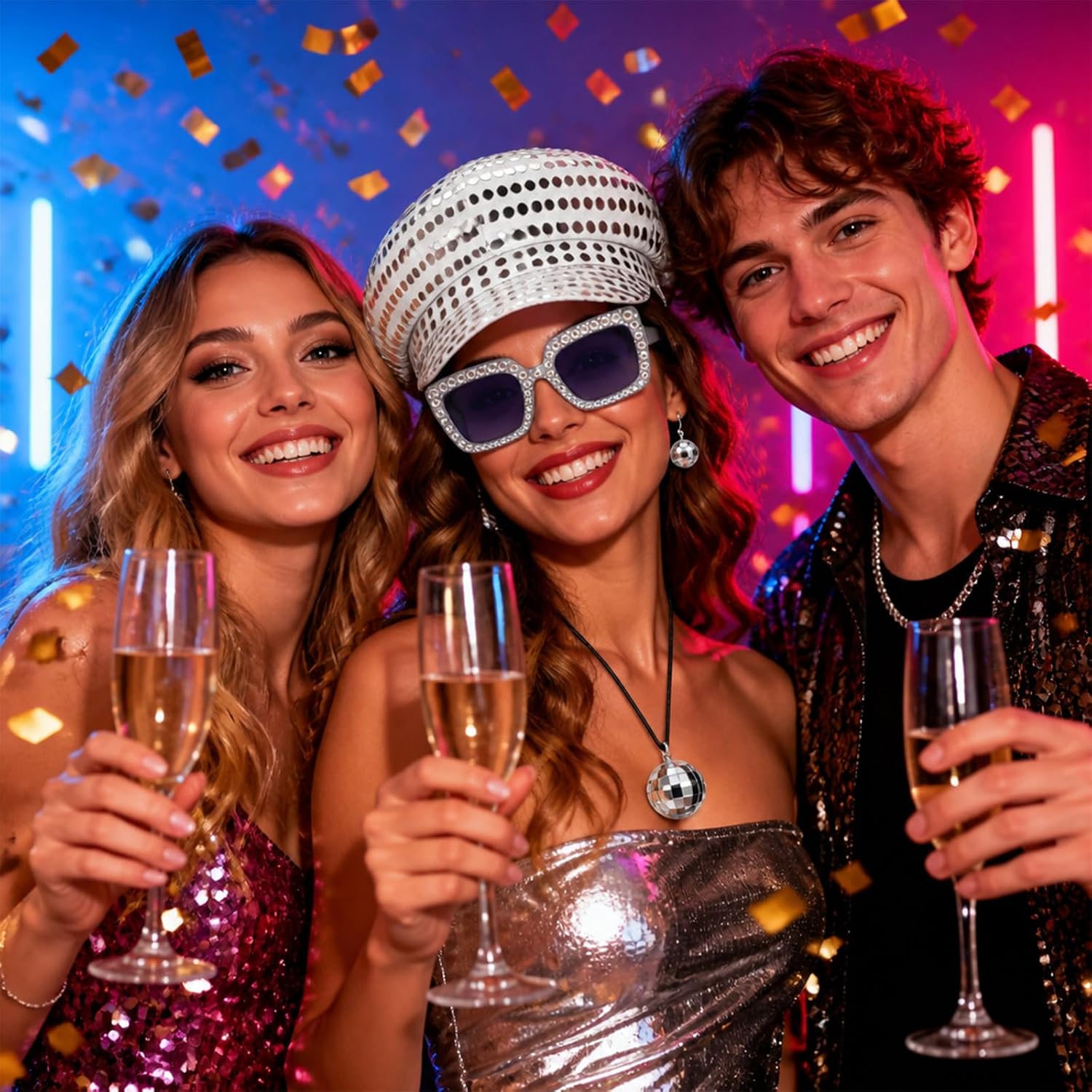 4 Pcs Women 70s Disco Accessory Set Silver Sequin Hat Earrings Necklace | retro party wear, music festival essential, disco theme costume set, club night outfit accessory