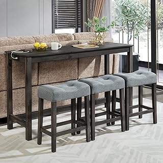 59" Counter Height Bar Table Set with Power Outlet, Industrial Breakfast Table with 3 Padded Stools, 4 Piece Bar Table and Chairs Set for Living Room, Dining Room, Dark Gray