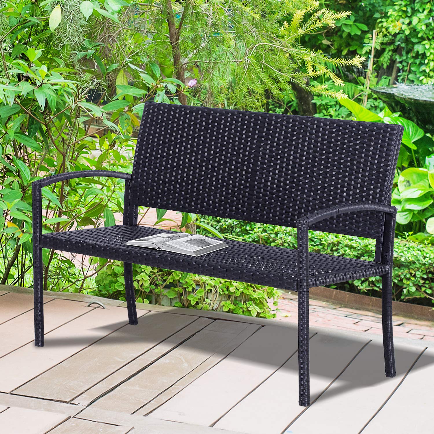 Outsunny Banc de Jardin 2 Places Style Cosy Chic résine tressée 4 Fils Imitation rotin Noir | Résine Tressée 4 Fils