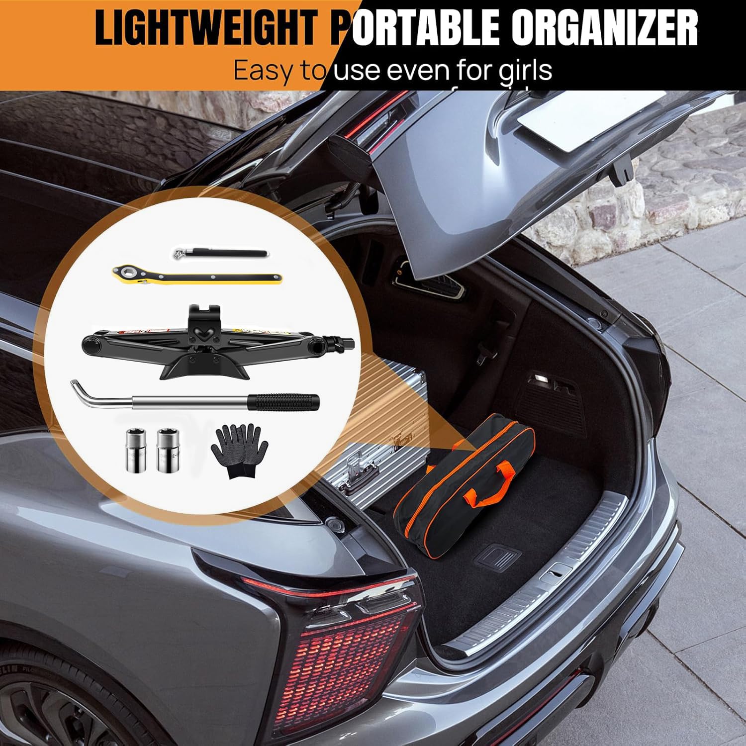 Gato Hidráulico 2500 kg (110-420 mm) con Llave de Tuercas + Llave de Carraca + Bolsa, Placa Acero Reforzada, para Coche, SUV, MPV | Estabilidad & Portabilidad