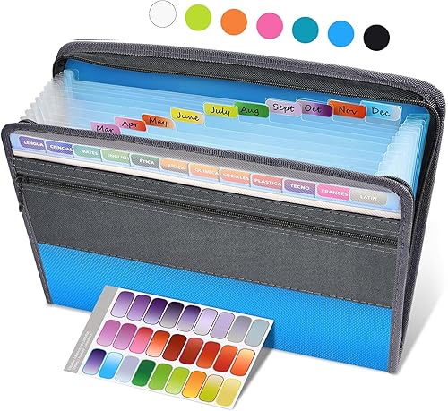 Sooez - Carpeta expandible con etiquetas adhesivas, carpeta de fuelle con 13 bolsillos, carpeta organizadora de documentos, con cierre de