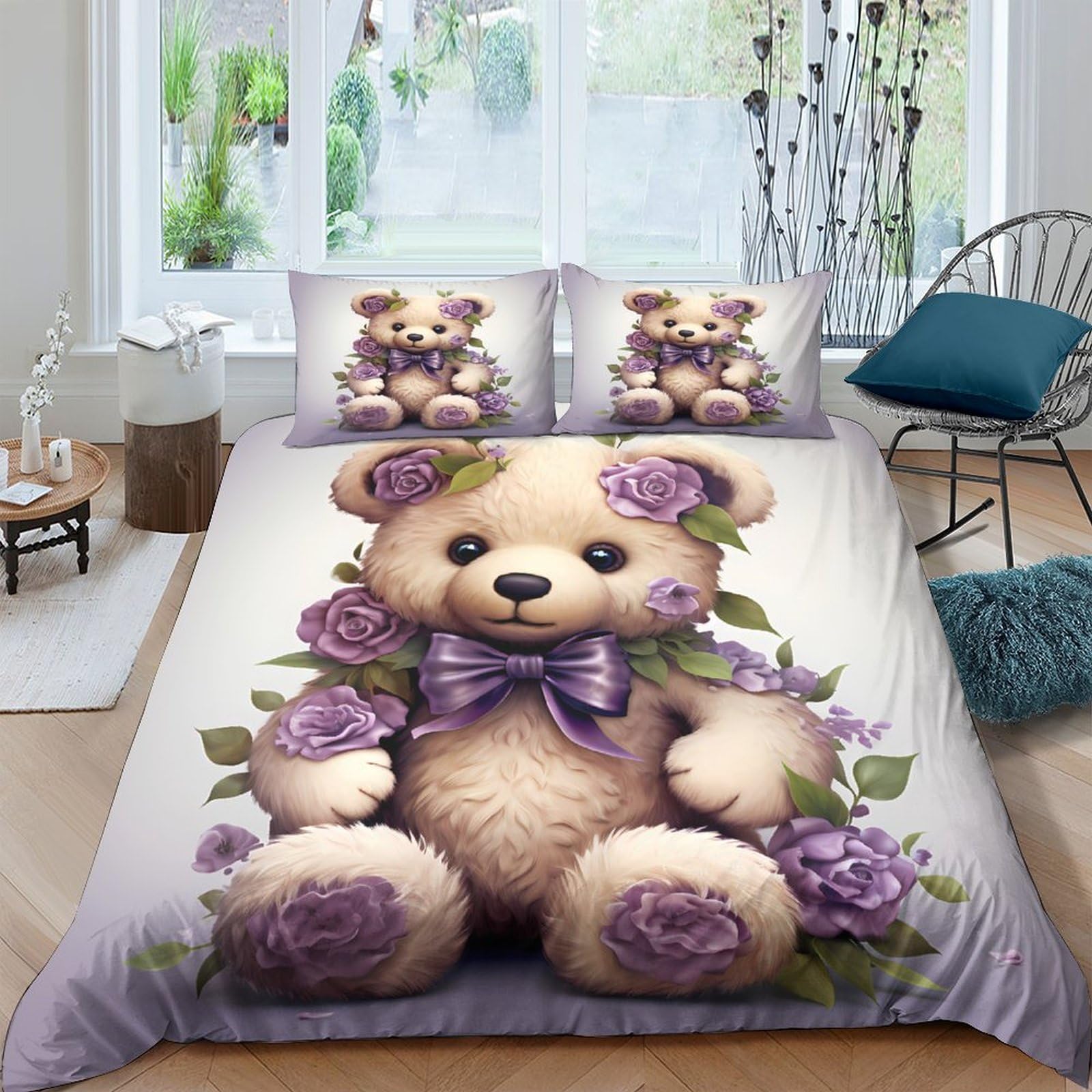 Ctjqhvkz Style-10 3D Printed Teddy Bear Fitted Sheet Microfiber Purple Floral Bed Cover For Bedroom Guest Room Mattress Protection Decor Single（135X200cm）