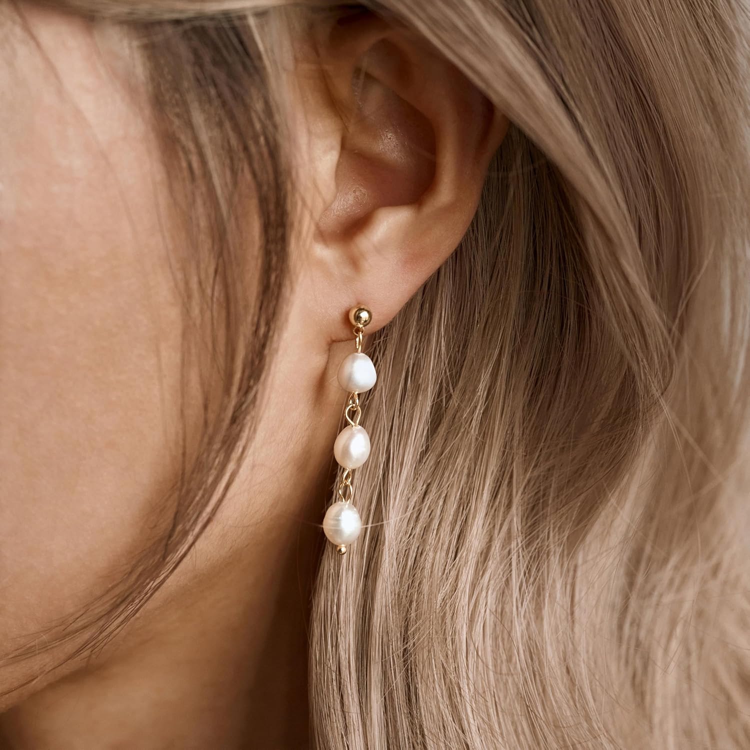 Pearl Earrings for Women 14K Gold Freshwater Pearl Hoop Earring Dangle Drop Wedding Earrings Bridal Bridesmaid Jewelry Gifts for Women - Image 4