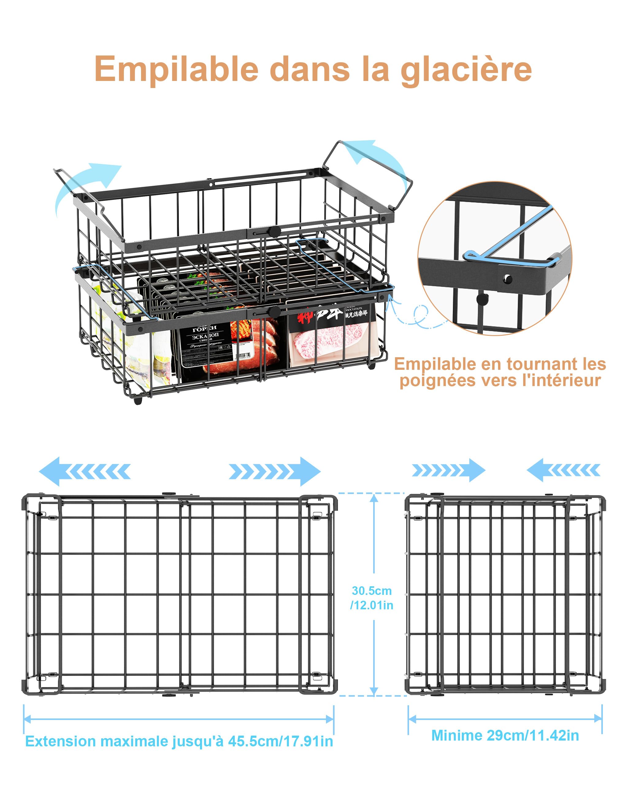 UMDONX Paniers de congélation Noir - 2 paquets de paniers de congélation pour coffre for 283 à 566L congélateur - Organisateur de congélation empilable pour coffre,Longueur extensible(29-45x30x15cm)