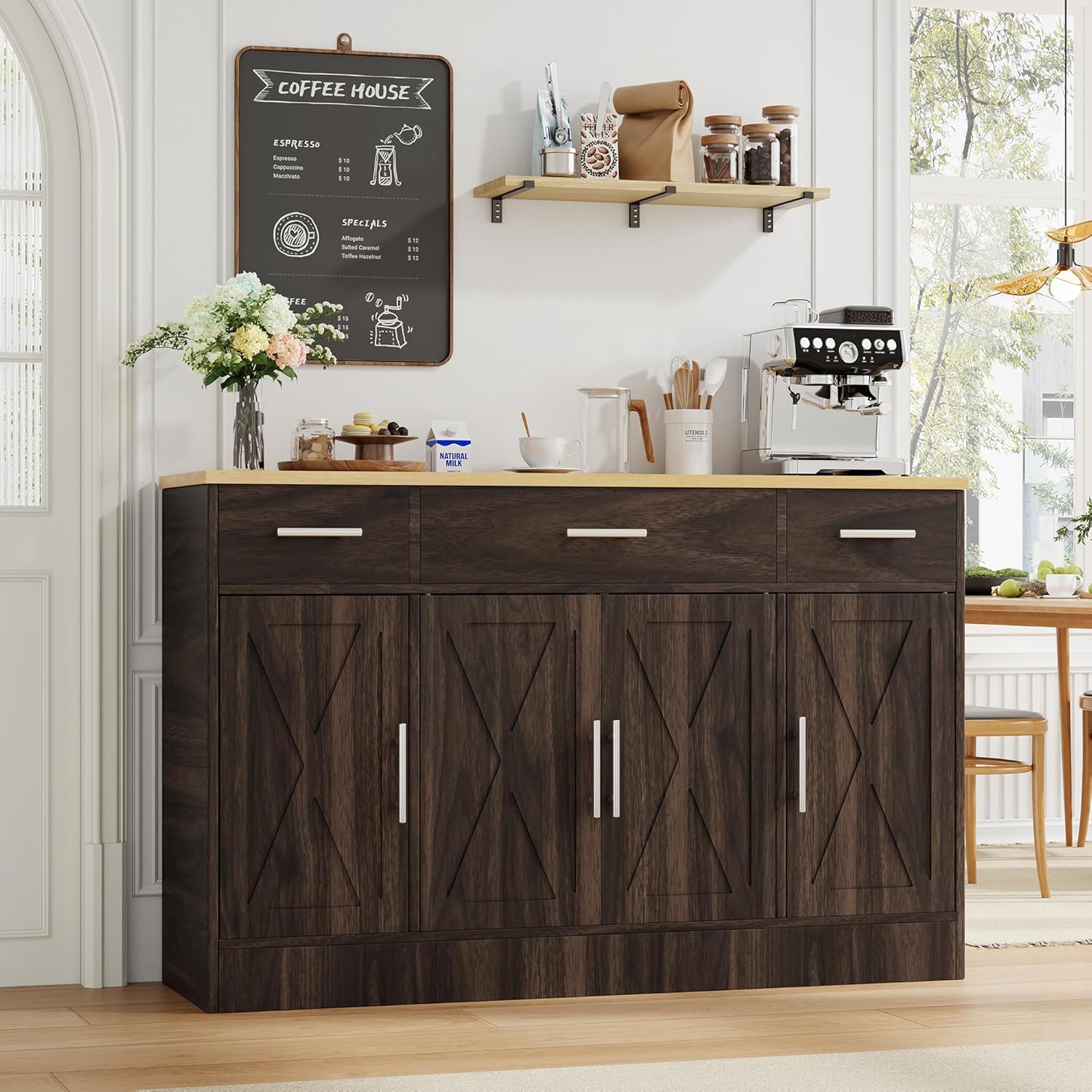 Shintenchi Buffet Cabinet with Storage,53.4" Large Kitchen Storage Cabinet with 3 Drawers and 4 Doors,Wood Farmhouse Buffet Sideboard with Adjustable Shelf for Kitchen, Living Room Deep Brown 53.4''Lx15.7'W'x31.9''H
