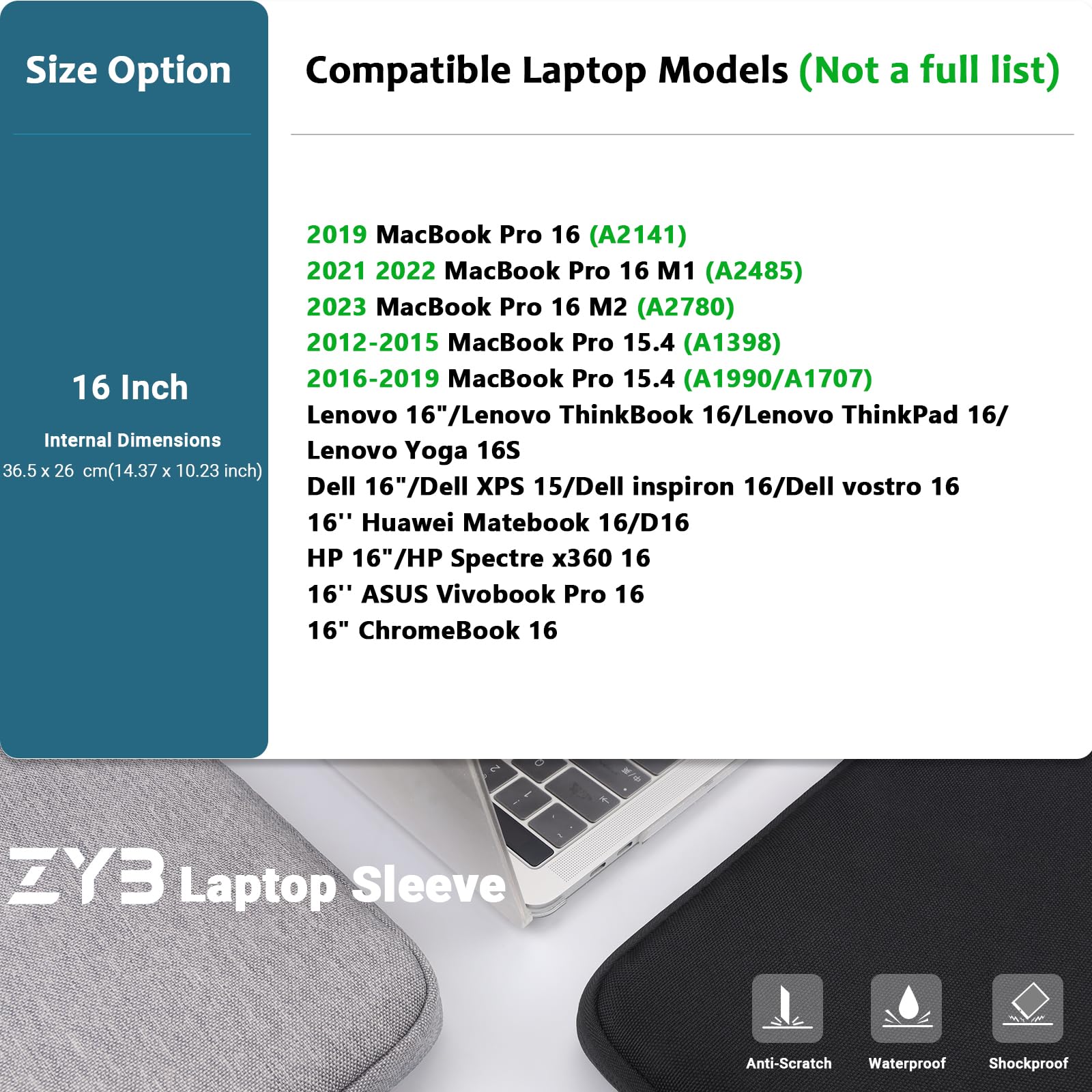 ZYB 16 Inch Laptop Sleeve Case,Shockproof Waterproof Notebook Case 16 Inch for 2021-2026 MacBook Pro 16 M5 M4 M3 M2 M1,16" Laptop Lenovo ThinkBook/IdeaPad HP Dell ASUS Acer Chromebook etc-Grey - Image 2