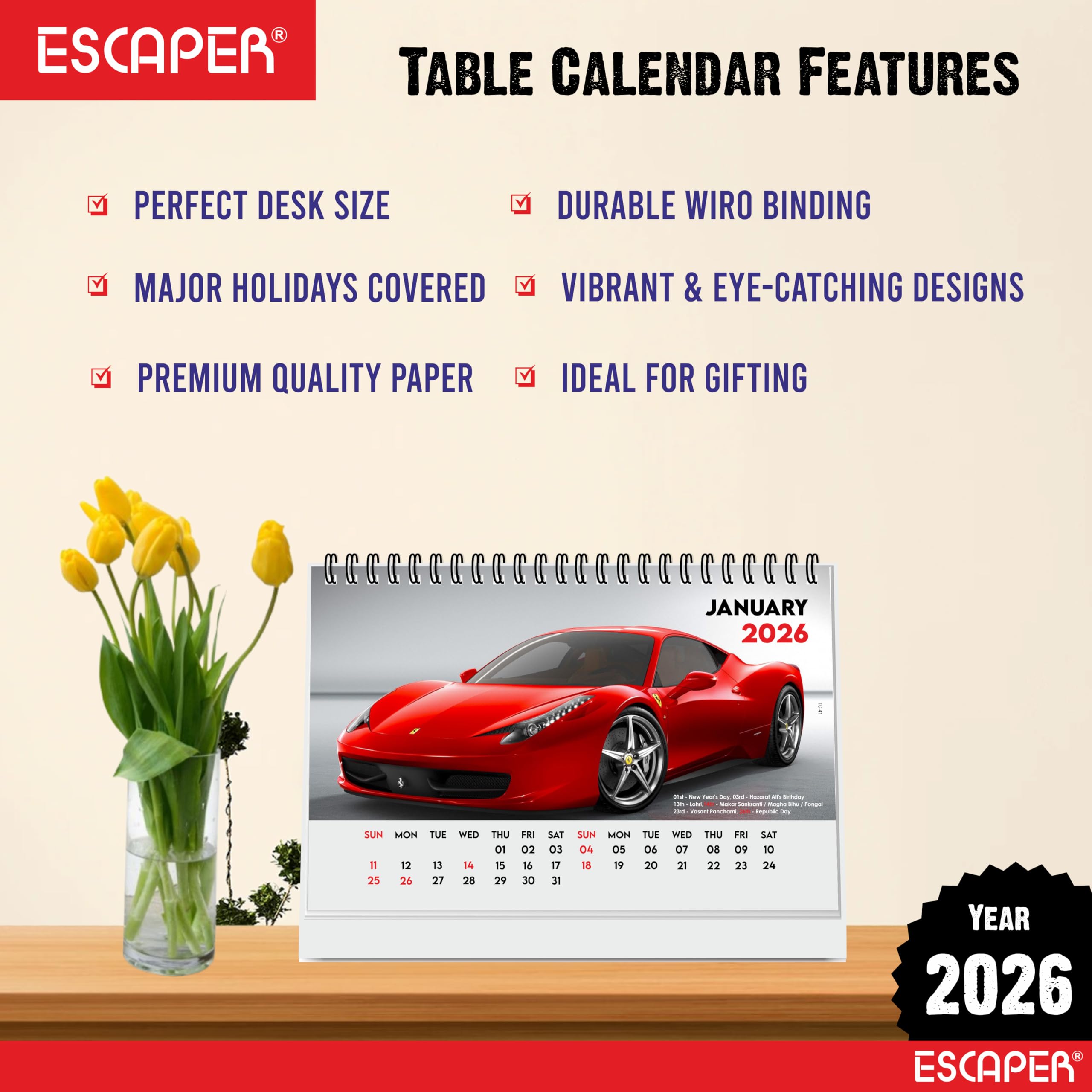 ESCAPER Cars Tischkalender 2026 - A5 Tischkalender mit Sportfahrzeugen, Schreibtisch-Organizer für Büro & Studium, Automobil-Neujahrsgeschenk