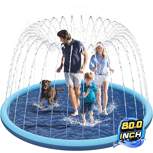 Non-Slip Splash Pad for Kids and Dog, 80" Extra Large Baby Play Mat, Dog Pool Toys, Thicken Sprinkler Pool Summer Outdoor Water Toys for Ages 3-12 Boys Girls, Parent-Kids &Games Fun Backyard (Blue)