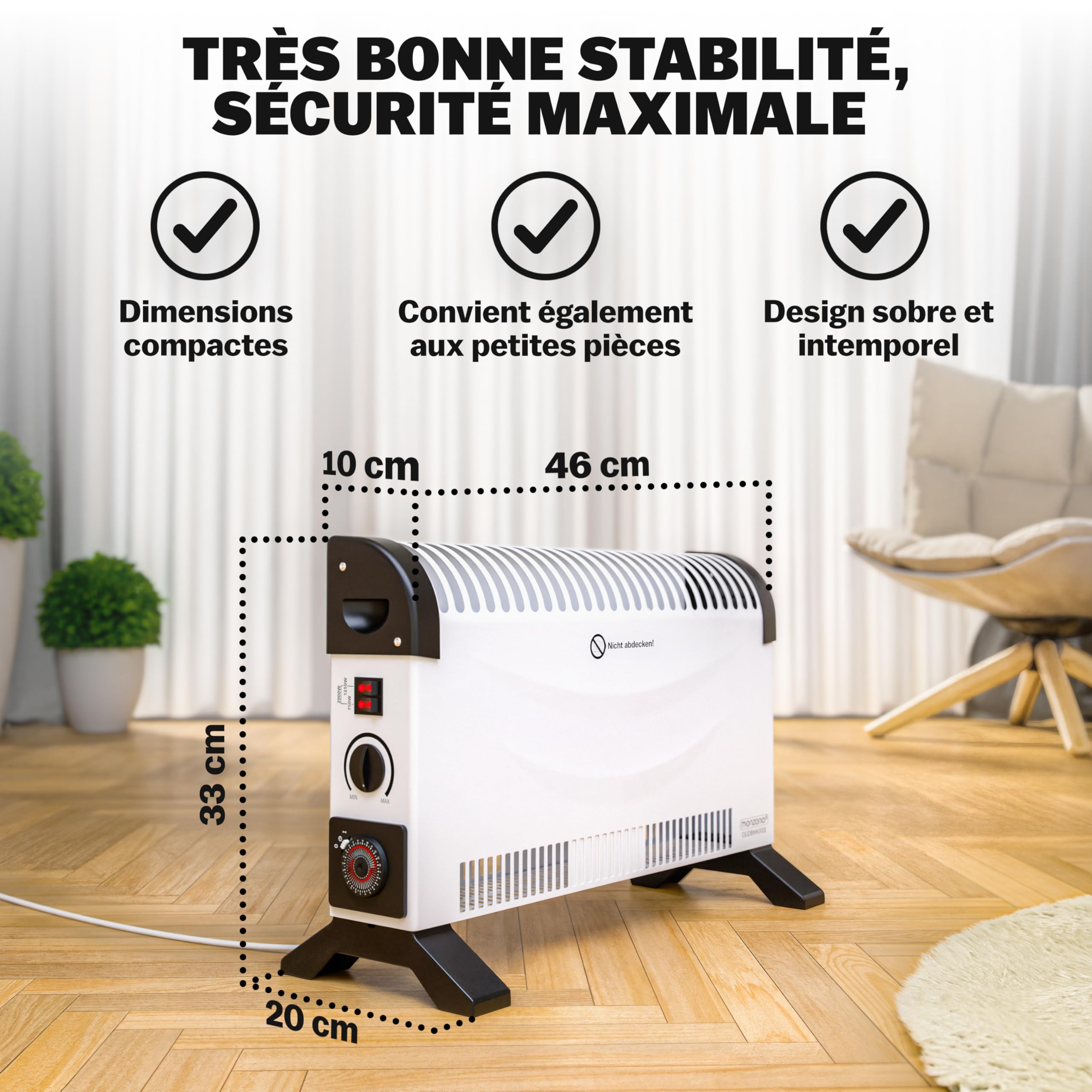 MONZANA® Convecteur électrique 2000W chauffage d'appoint minuteur 24h 3 niveaux de chauffage thermostat radiateur électrique mobile pied