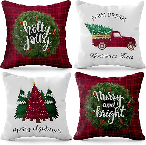 Miniatura 1 de KatchOn, Fundas de almohada de Feliz Navidad de 18 x 18 pulgadas, paquete de 4, fundas de almohada de camión de Navidad para decoración del hogar de