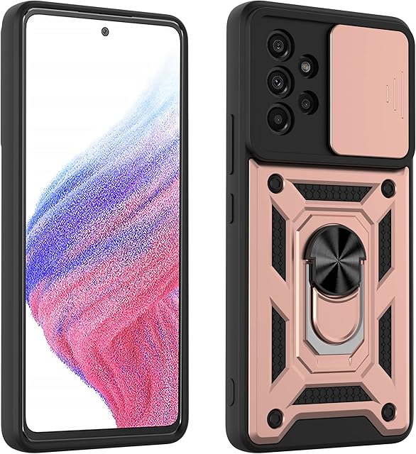 VAKS Designed for Samsung Galaxy A53 5G,Heavy Duty Protective Case with [Ring Kickstand] [Sliding Camera Cover] for Samsung A53 5G,Rose Gold