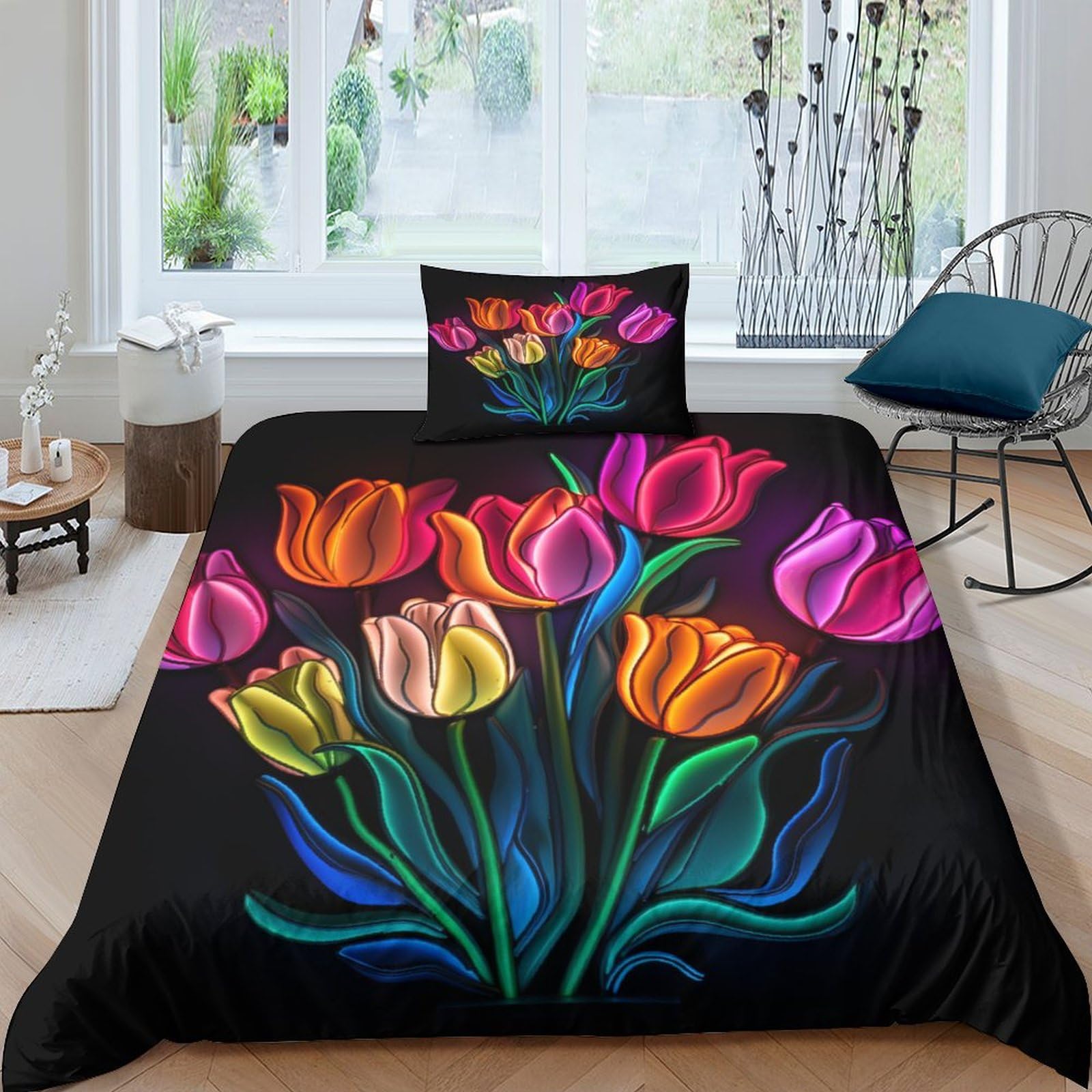 Tulip 3D Comforter Cover Set for Duvet Cover Bedding Set Anime Bedspread Cover with Pillow Shams Microfiber Bed Cover Zipper 2 Piece Set Quilt Cover Single（135x200cm）