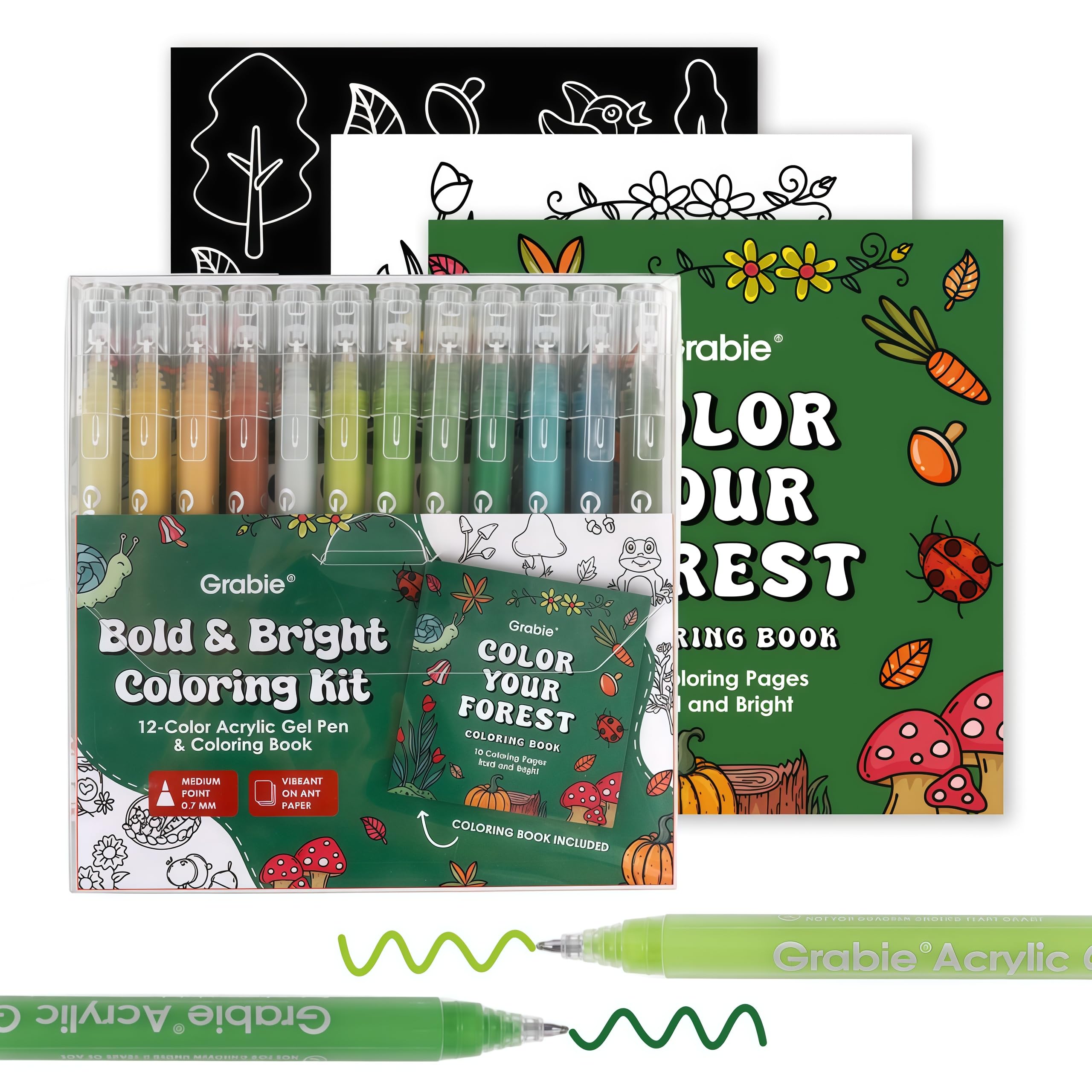 Grabie Kit da colorare, set di penne gel acriliche con libro da colorare, penne gel opache, punta media da 1,0 mm, per libri da colorare per adulti, disegni, diari, agende, forniture artistiche, set