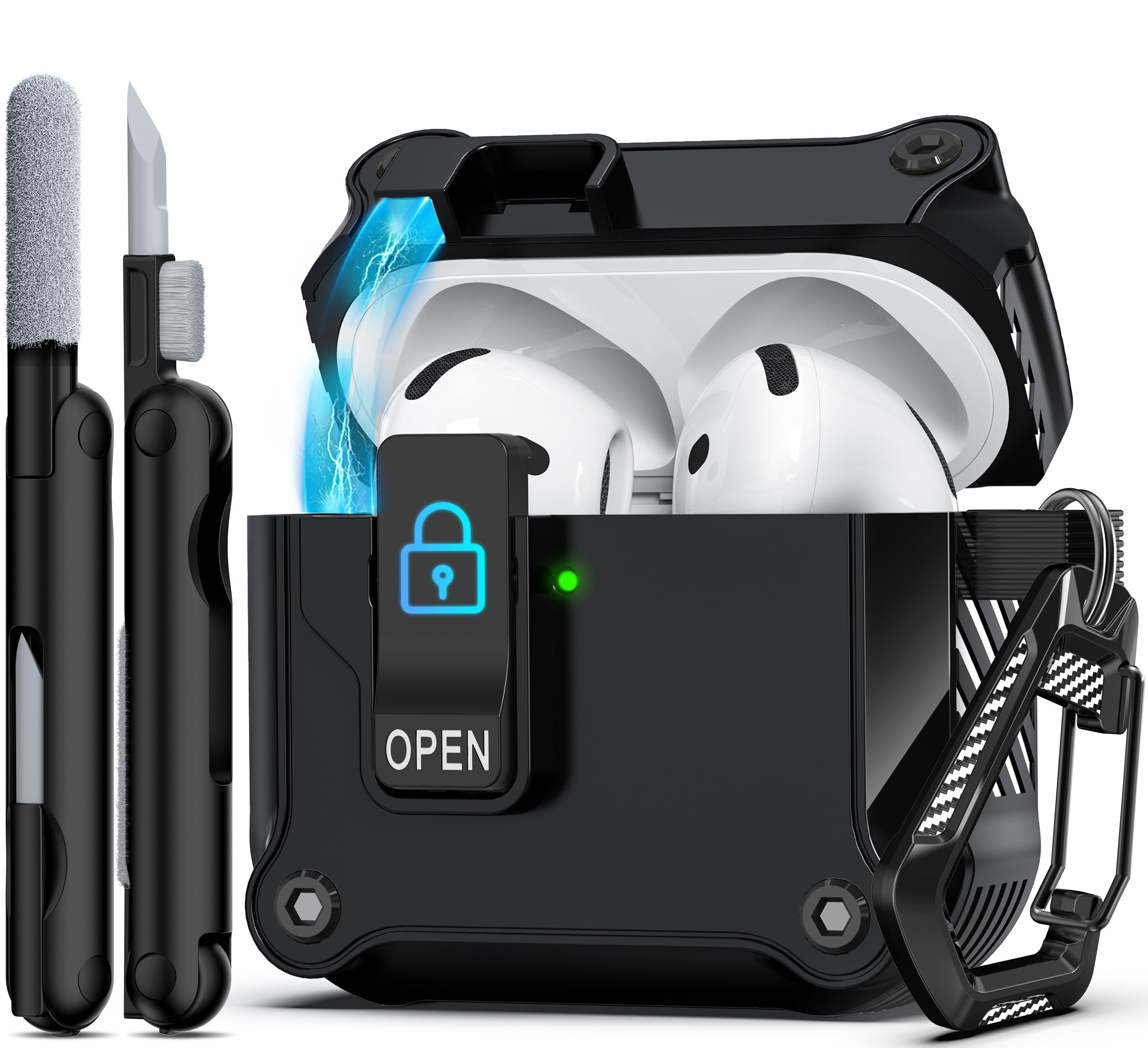 R-fun Compatible with AirPods 4th Gen Case, Full Drop Protection Auto Pop-Up Lid and Lock Design with Cleaner Kit and Keychain for AirPods 4 2024-Black