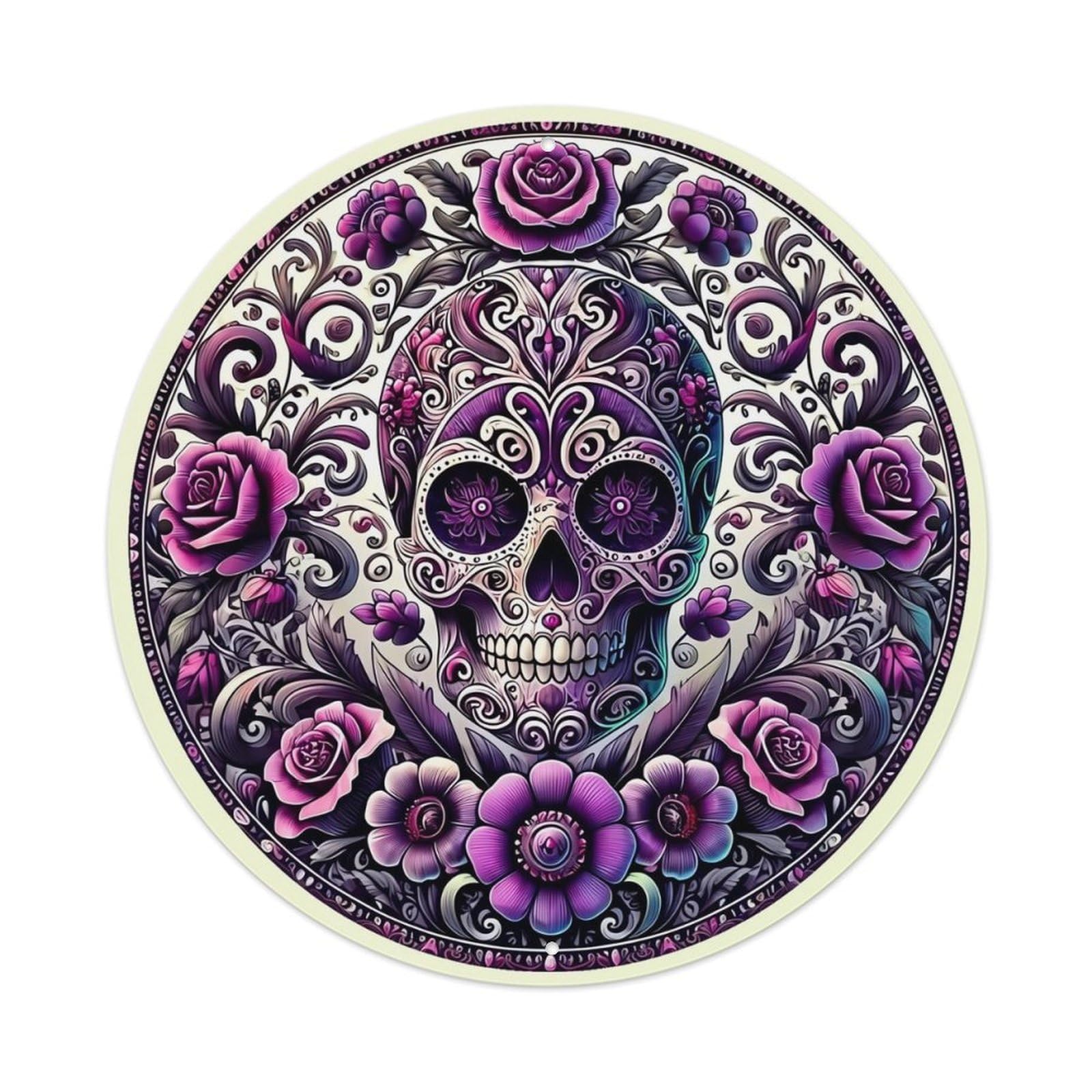 Skull Rose Floral Pattern Art Round Metal Tin Sign Vintage Wall Decor, Bar Garage Cafe Kitchen Home Wall Art Poster 8x8inches
