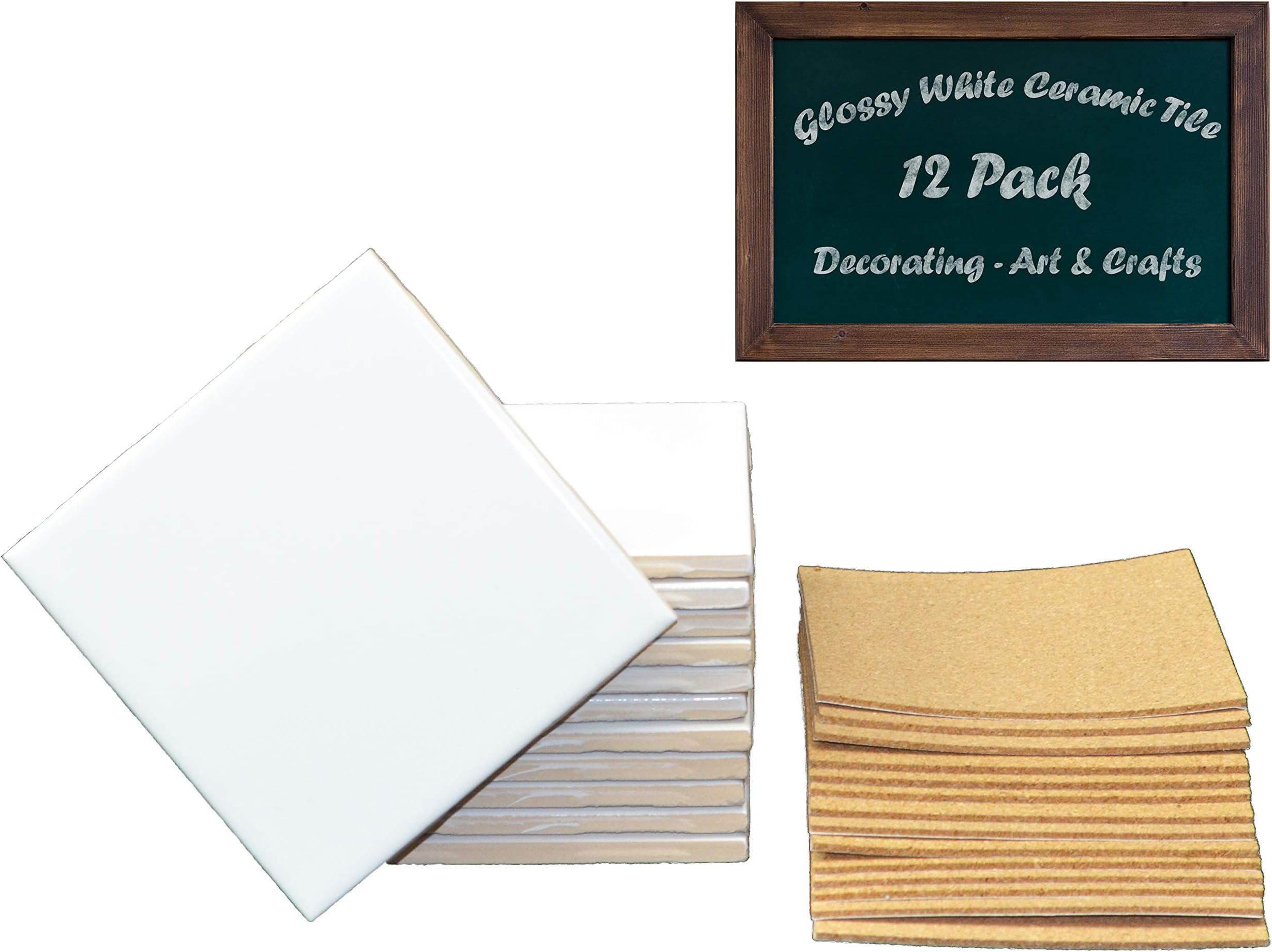 12 Ceramic White Tiles Glazed 4 1/4 x 4 4/14 with Cork Backing Pads, Use with Alcohol Ink or Acrylic Pouring, DIY Make Your Own Coasters, Painting Projects, Decoupage
