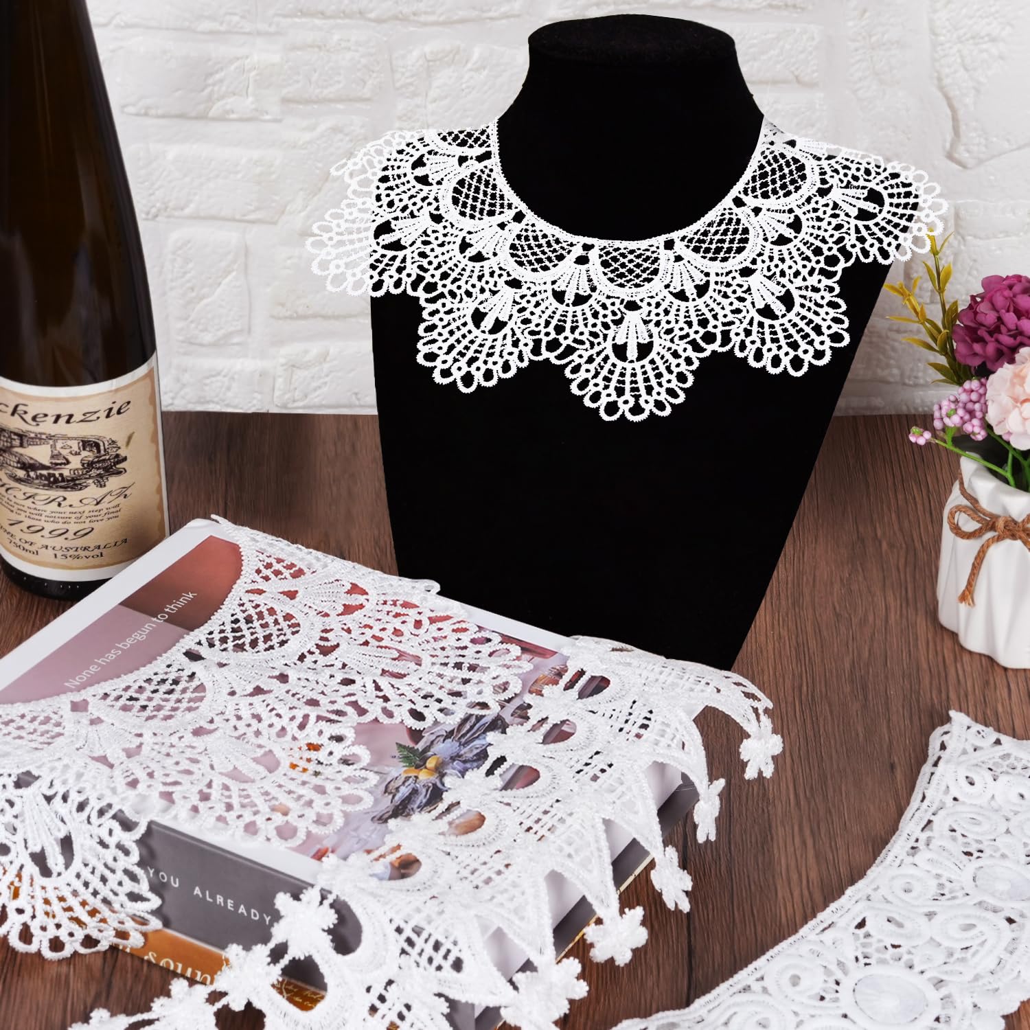 MAMUNU 3 Pieces White Lace Collar, Hollow Out Flower Lace Fabric Collar, Embroidered Applique Neckline for Women Girls Sewing Supplies Crafts DIY