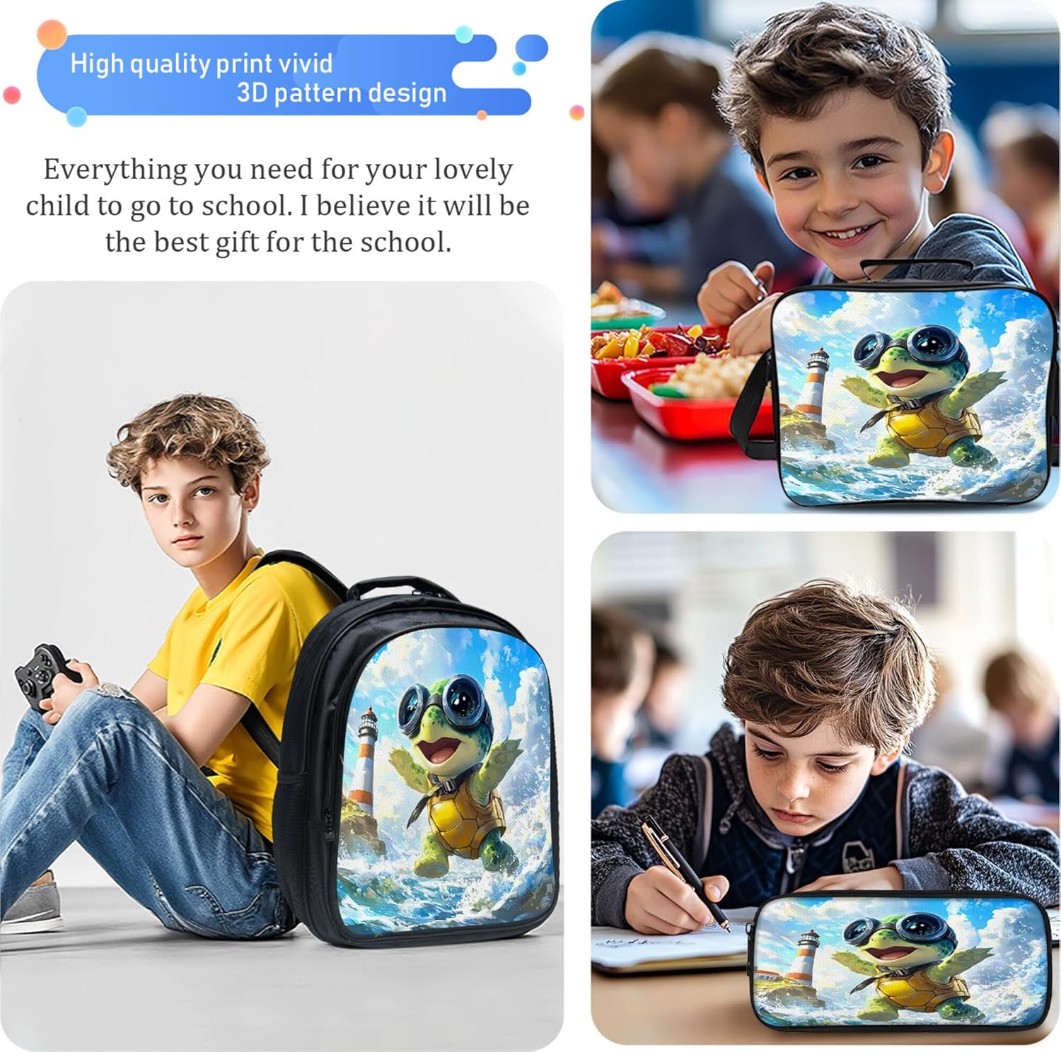 Sea Turtle Backpack 3 PCS Set for Boys Girls, Ocean Lighthouse School Bag with Lunch Box Pencil Case, Lightweight Large Capacity Bookbag for Elementary Middle School