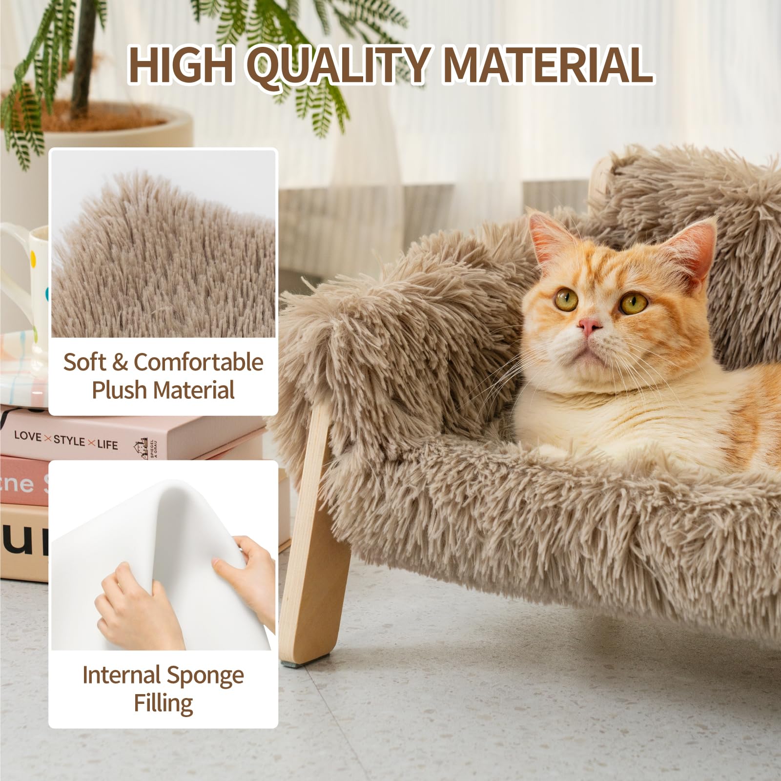 MEWOOFUN Stijlvolle kattenbed, kattensofa, wollig, 76 x 45 cm, kattenbed voor grote katten, pluche kattenbank voor kleine honden en katten, afneembaar en wasbaar, groen