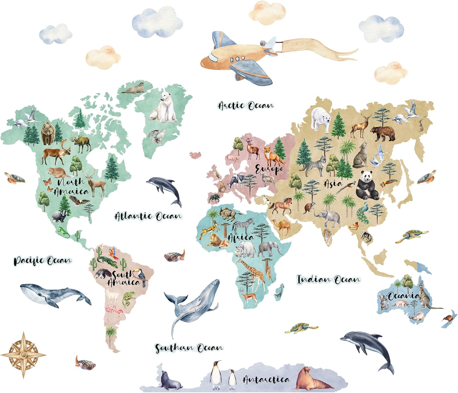 Murwall Kids Watercolor Map Wall Decal Kids Educational World Map Wall Sticker