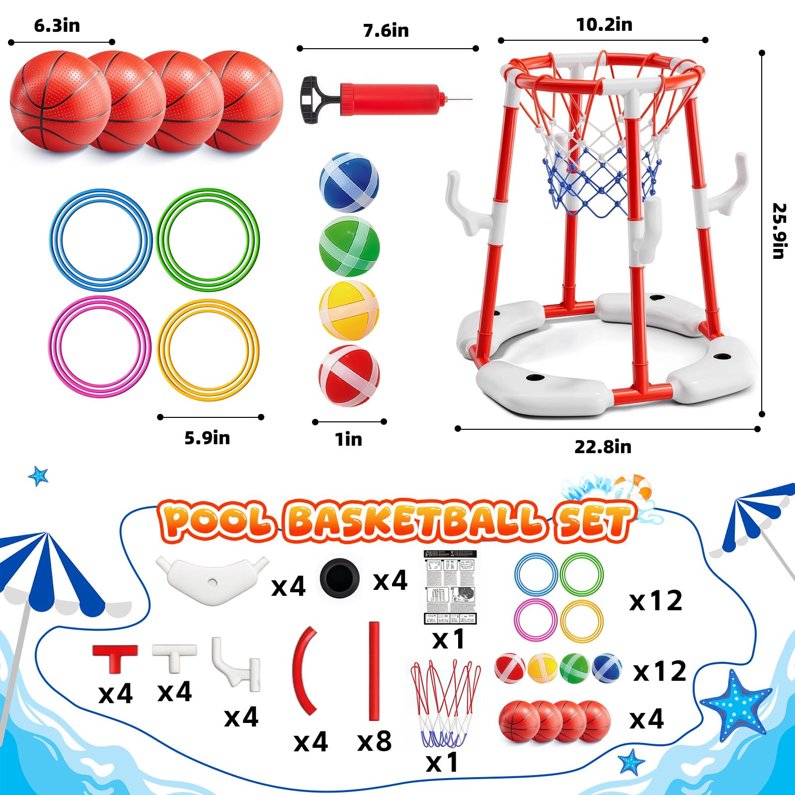 Canestro da basket 3 in 1 per esterni, con 4 palline da basket, 12 palline da lancio, 12 anelli, giocattolo da piscina, per feste hawaiane, piscina, spiaggia, bambini e adulti