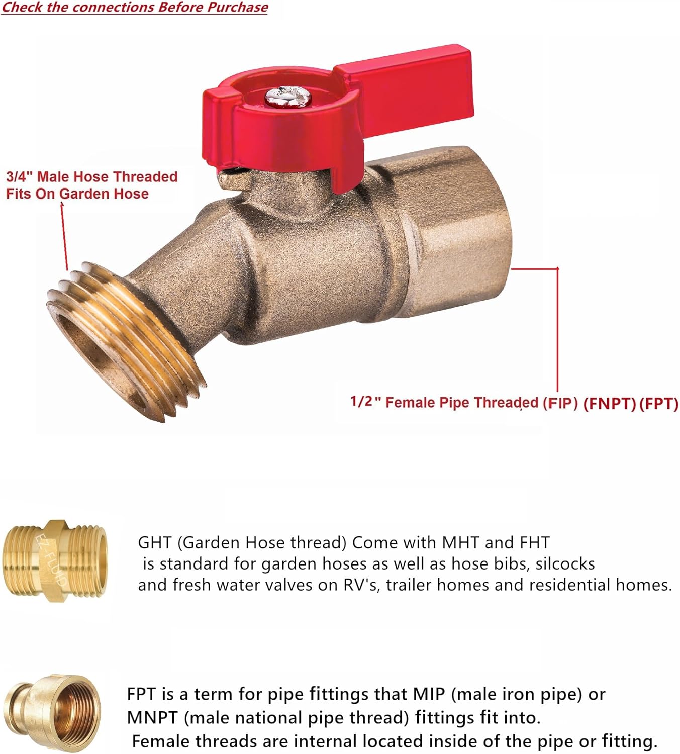 EZ-FLUID (5) Heavy Duty LF Brass 1/2" FIP X 3/4" MHT Male Threaded Connector 1/4 Turn No-Kink Hose Bibb, Water Faucet Outdoor Garden Spigot Shut Off Valve