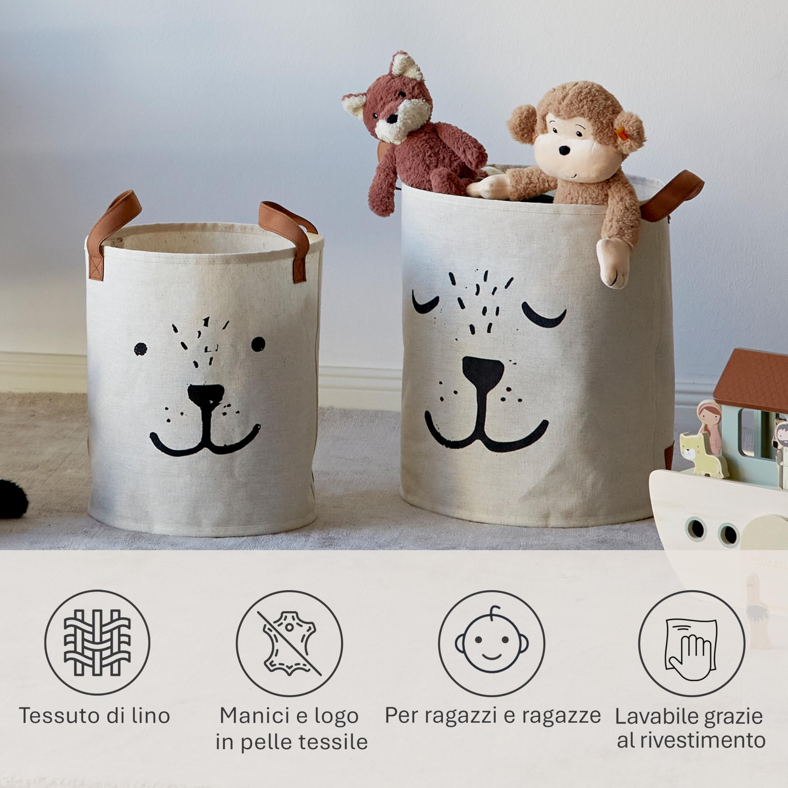 LOVE IT STORE IT Set di 2 Cestini Portaoggetti in Lino Pieghevoli, per Cameretta e Casa, Beige con Motivi e Maniglie Resistenti