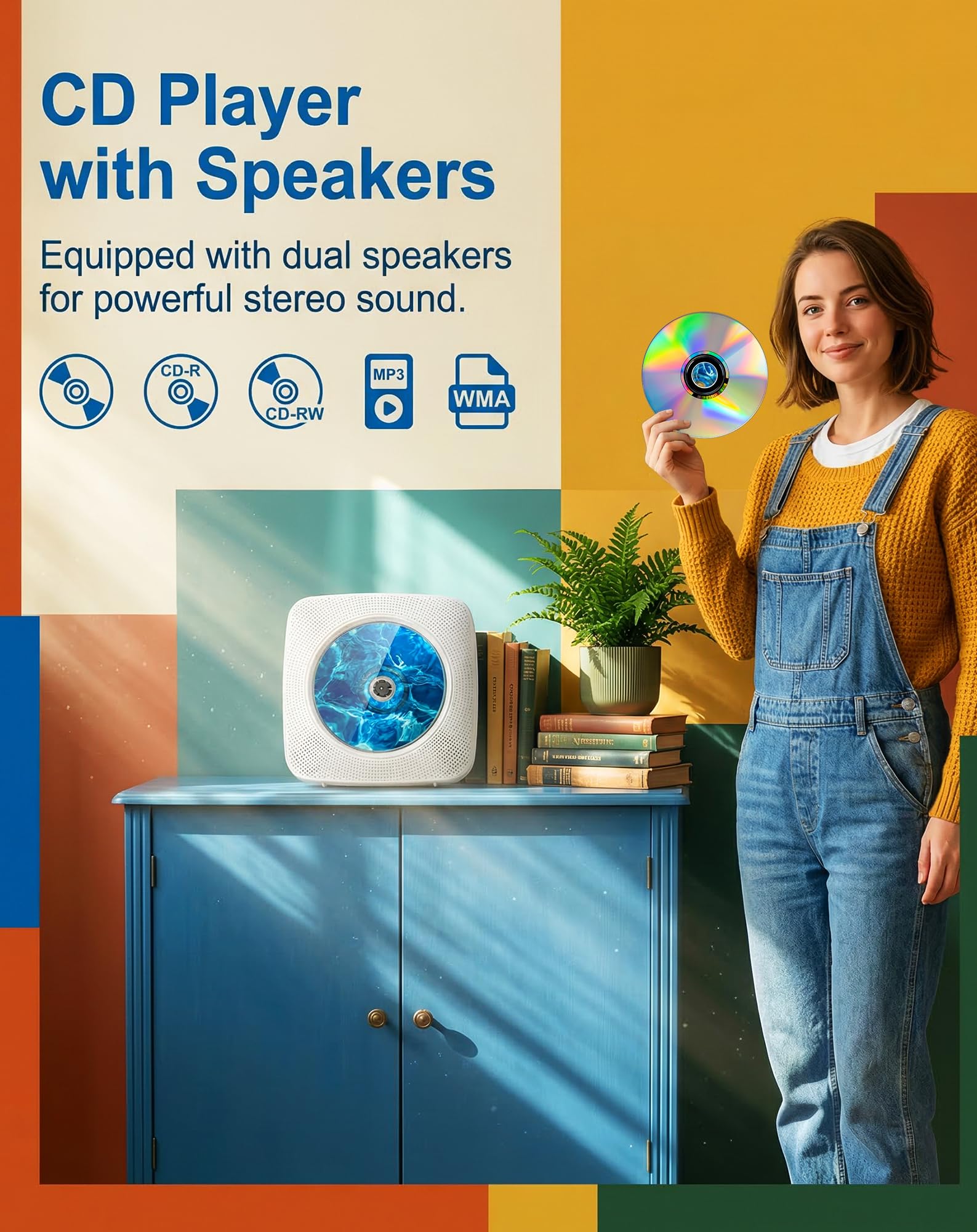 Lecteur CD Portable Bluetooth avec Radio, Haut-Parleur intégré, Prise en Charge USB et AUX, télécommande et Housse de Protection, Blanc