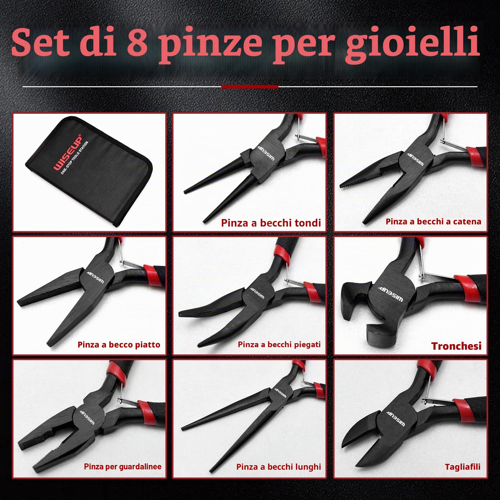 WISEUP Set di 8 mini pinze, ago, rotondo, piatto, lungo, a becco curvo, diagonale, per taglio finale e guardalinee per artigianato, elettronica e creazione di gioielli, con custodia