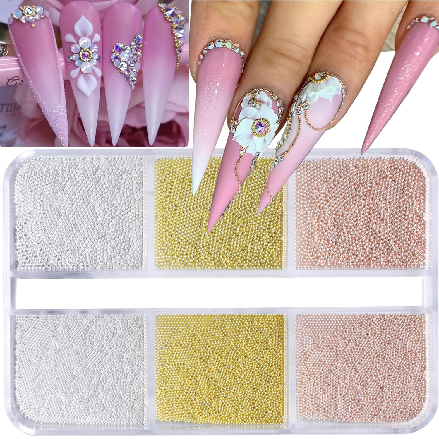 HNUIX Small Nail Beads - Gold Silver Rose, 3D Multi Size, Round, Mini Metal Steel Beads Nail Charms, Caviar Beads Accessories for Acrylic Nails, Manicure DIY Crafts Decorations