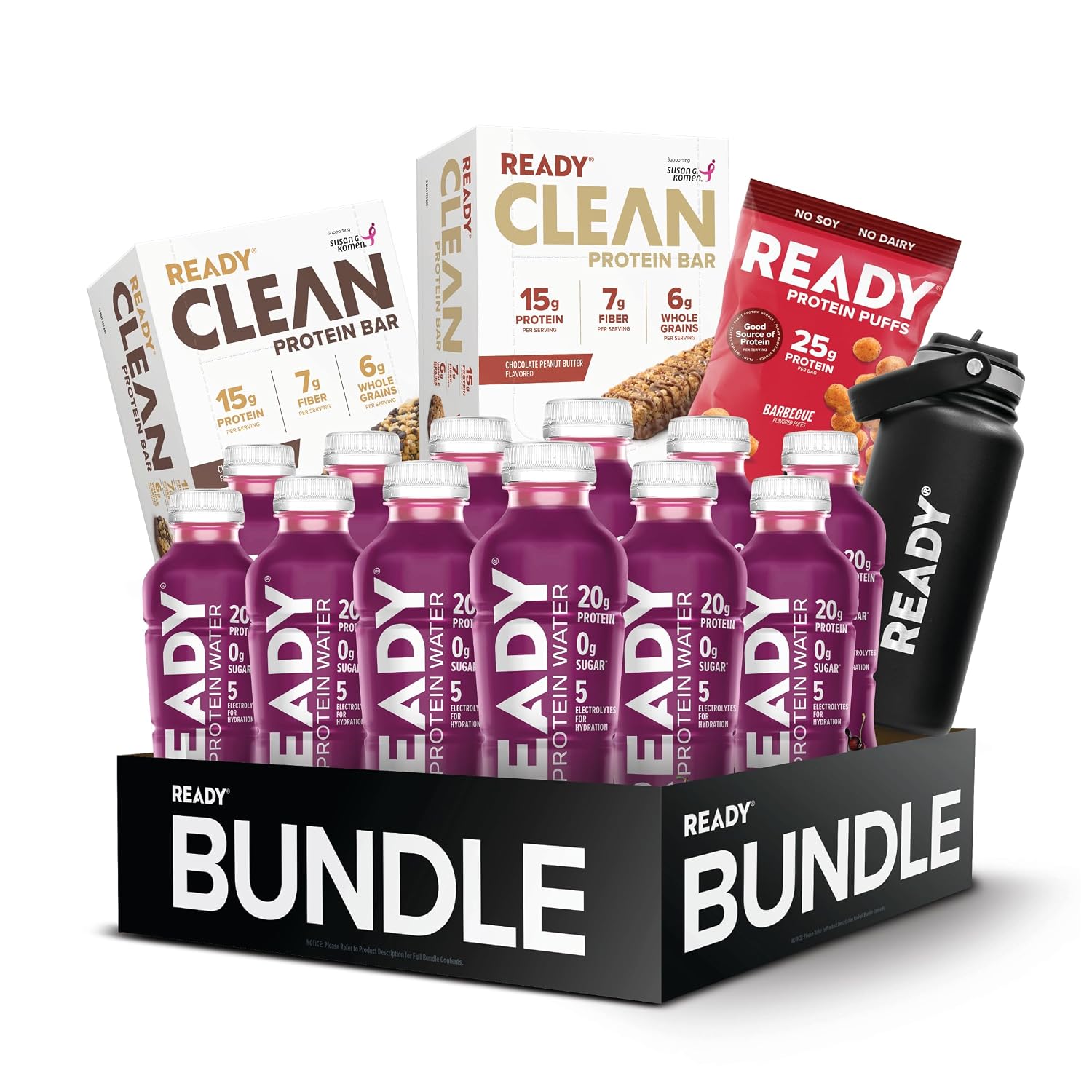 Ready® Best of Ready $99 Bundle – Protein Water, Sports Drink Light, Bars, Cinnamon Sugar Puffs & White Water Bottle