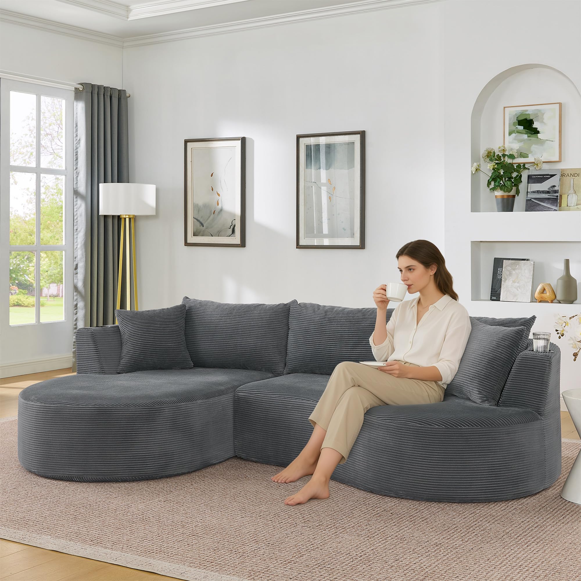Canapé d'angle Convertible modulable 3-4 Places–Design incurvé en Velours côtelé,avec Porte-gobelets et Coussins–Canapé compressé sans Montage–Salon,Appartement(Gris+L)