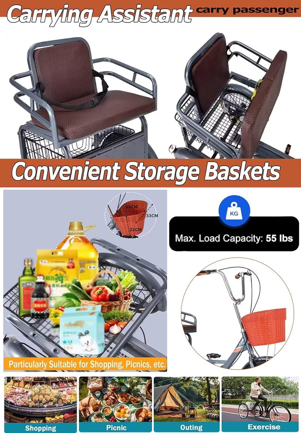 Elderly Tricycle for Exercising and Traveling,Large Sponge seat with backrest,Cruiser Trike for Senior and Adult,Front and Rear Brakes,3 Wheels Bicycles with Spoke hub Wheels