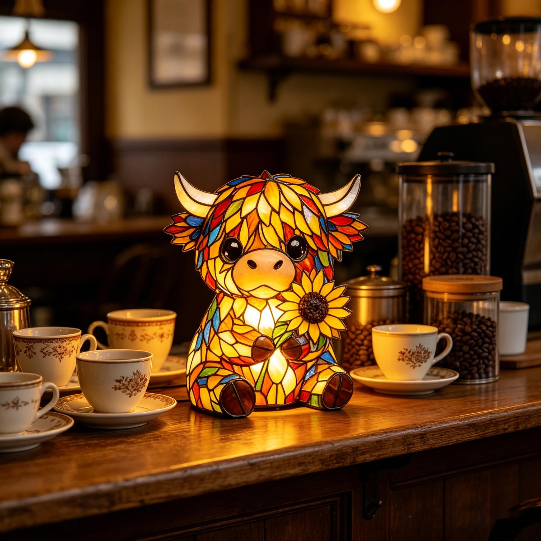 Stained Highland Cow Lamp, Vintage Resin Table Lighting – 3D Novelty Animal Lamp Decor for Bedroom Bedside & Table | USB Powered Warm Glow LED Night Lamp, Unique Gift for Cow Lovers
