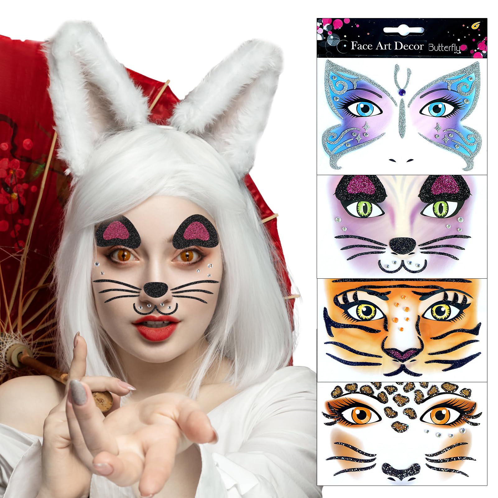 Pegatinas para Tatuajes Faciales, 4 Piezas Pegatinas de Tatuaje y Arte de Cara, Pintura Facial Temporal con Brillo para Fiestas Temáticas, Halloween, Mardi Gras y Mascaradas