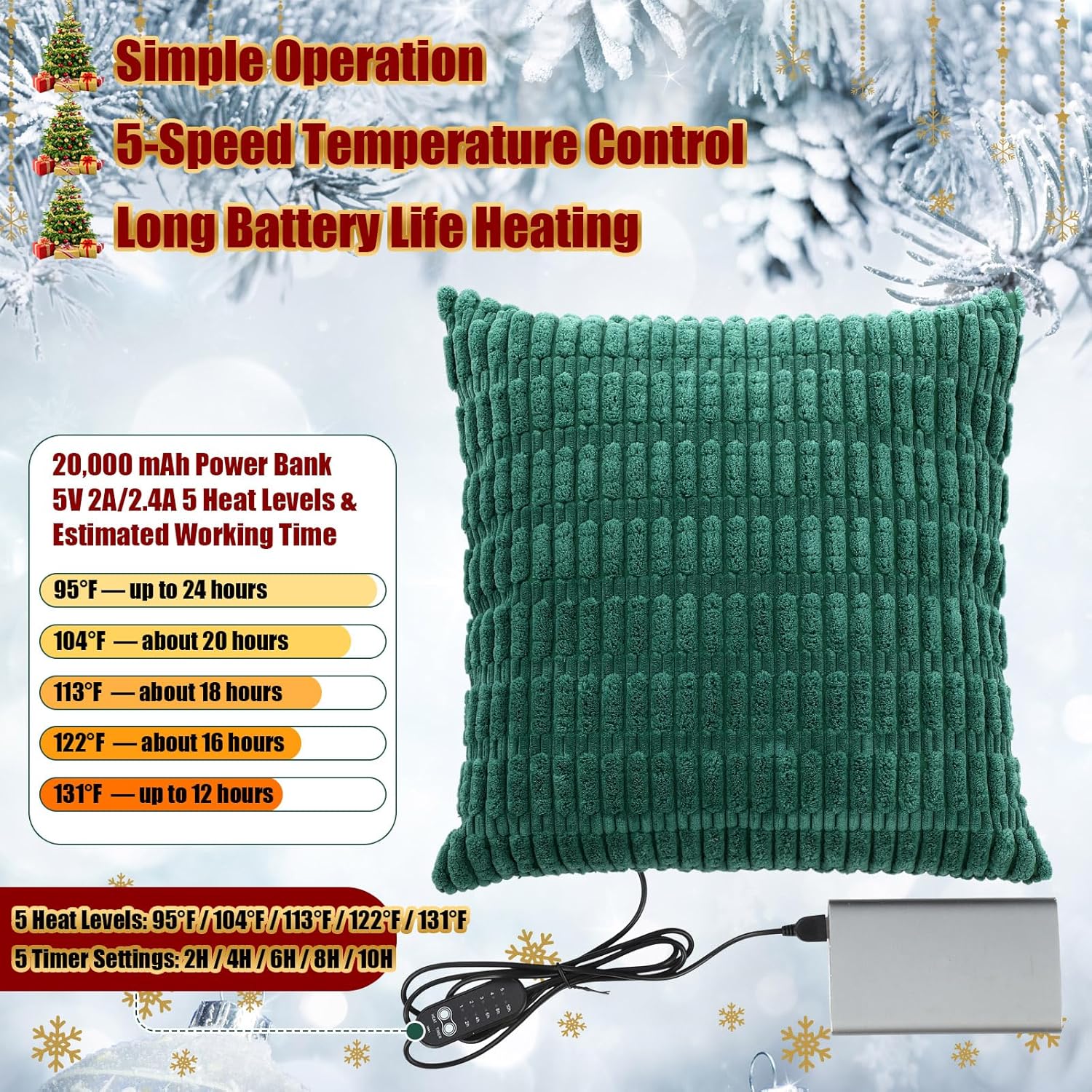 2個 17.7インチx17.7インチ 腰椎サポート用電気枕 オフィスチェア用 5 ヒートセッティング USB加熱スローピロー 生理期